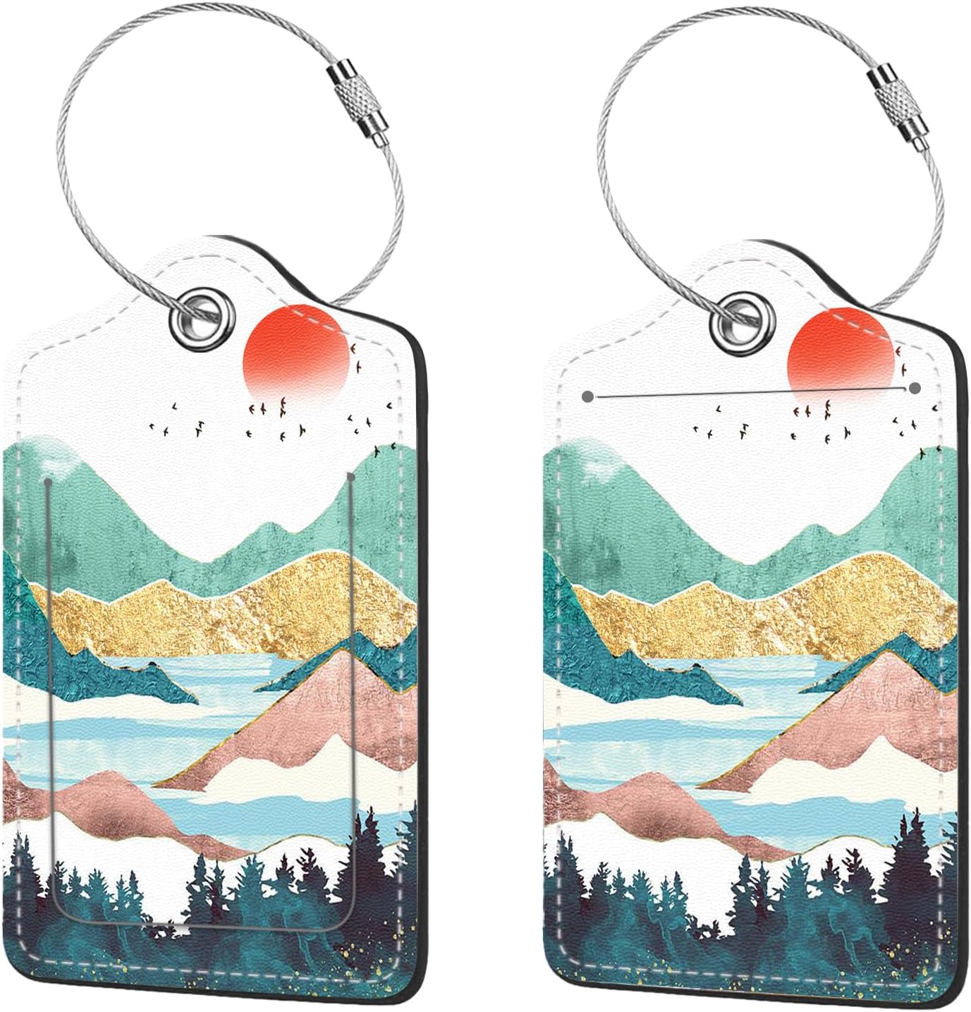 2 Pcs Luggage Tags for Suitcases, PU Leather Cruise Ship Luggage Tags with Privacy Cover Label Address Card and Durable Metal Ring Suitable for Men Women Handbags Backpacks Schoolbag,Golden Mountains