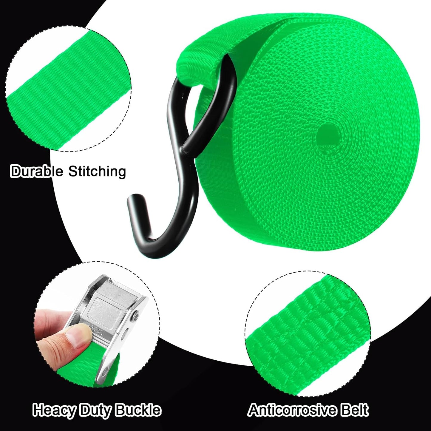 16 Pcs Cambuckle Tie Down Straps 1763lbs Break Strength Securing Straps 1'' x 15 ft Cambuckle Tie Downs with S Hook for Motorcycle, Kayak, Car, Truck, Boat Moving, Securing Cargo(Green)