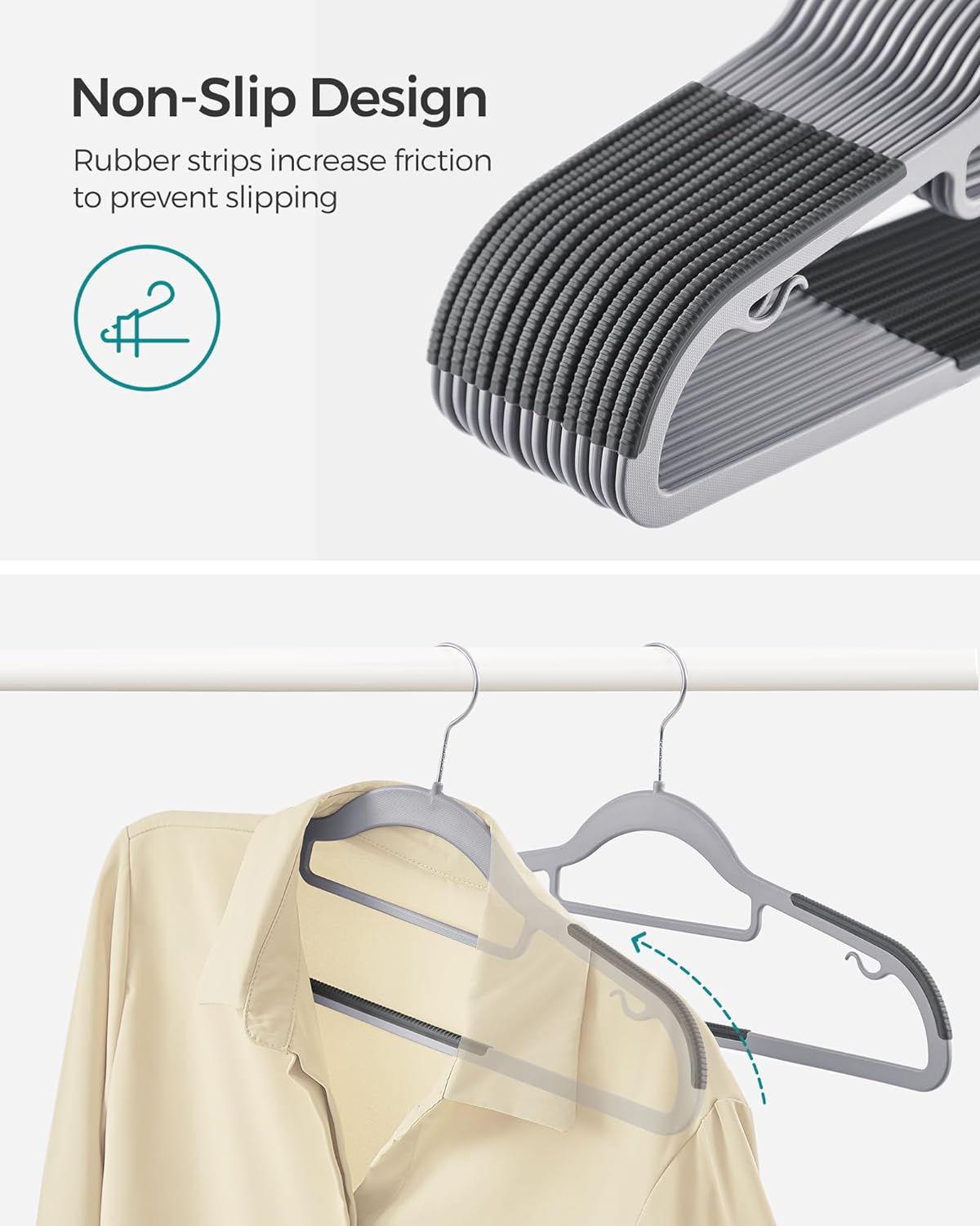 SONGMICS Pack of 30 Coat Hangers, Space-Saving Plastic Clothes Hangers, Non-Slip, 0.2 Inches Slim, 16.5 Inches Wide, 360° Swivel Silver Hook, Light and Dark Gray UCRP20G30