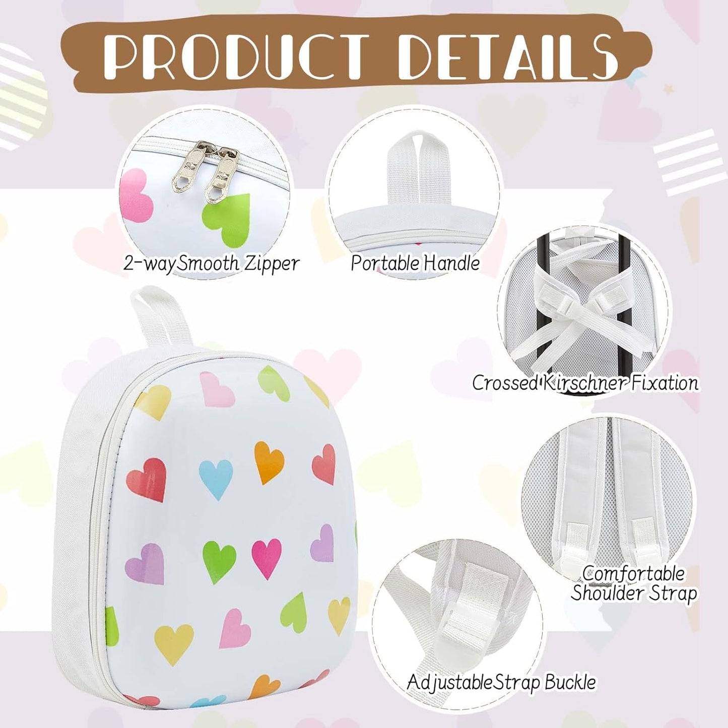 Sanwuta 4 Pcs Kids Luggage Set Kids Backpack Travel Rolling Suitcase with Wheels U-shape Pillow Childrens Gift for Girls Boys(20 Inch,Heart Style,White)