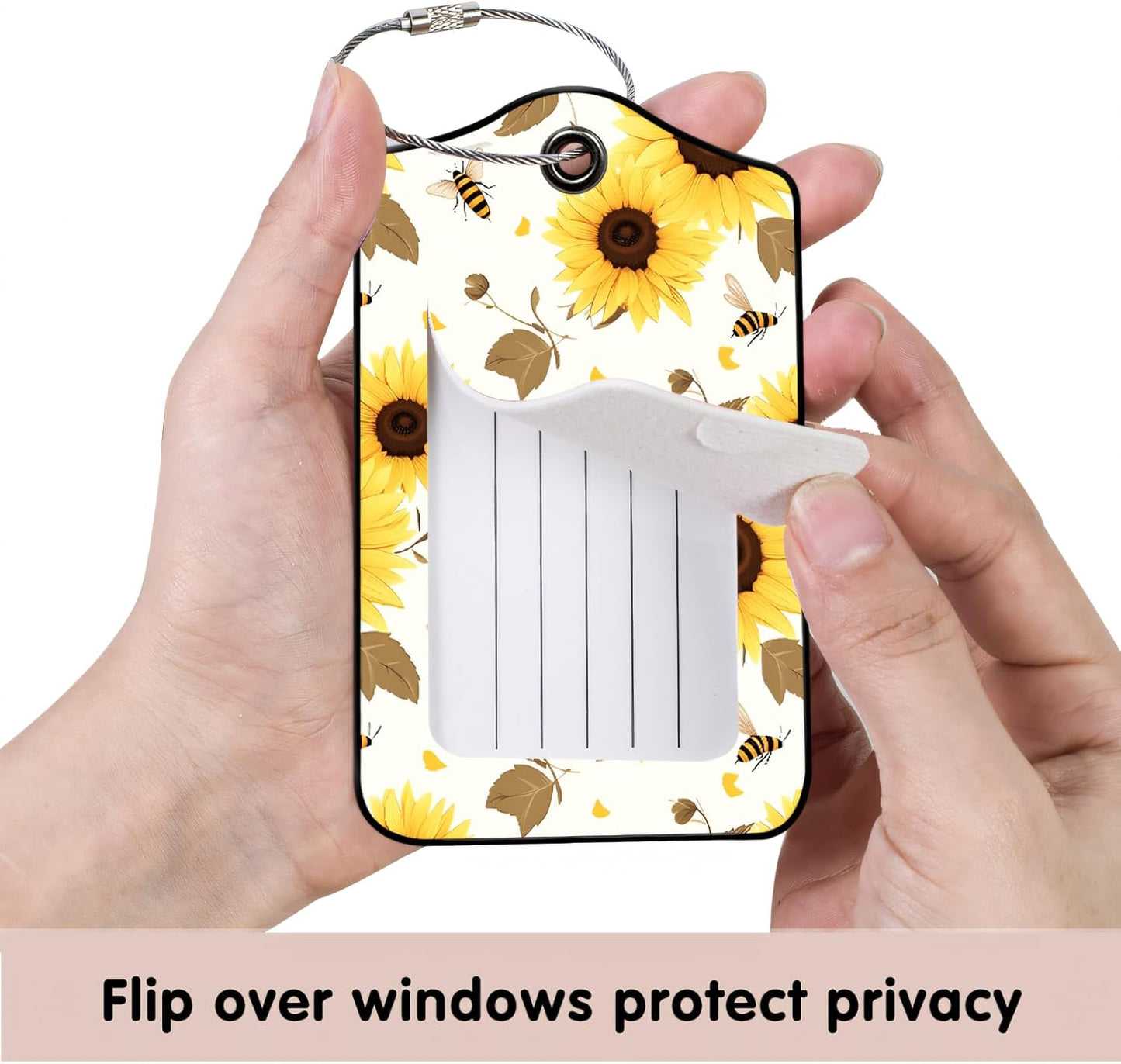 Luggage Tags for Suitcases, 2-Pack PU Leather for Cruise & Travel, Baggage ID Tags with Privacy Cover & Address Card, Durable Metal Ring, Kids Adults Travel Accessories, Sunflower Buzz