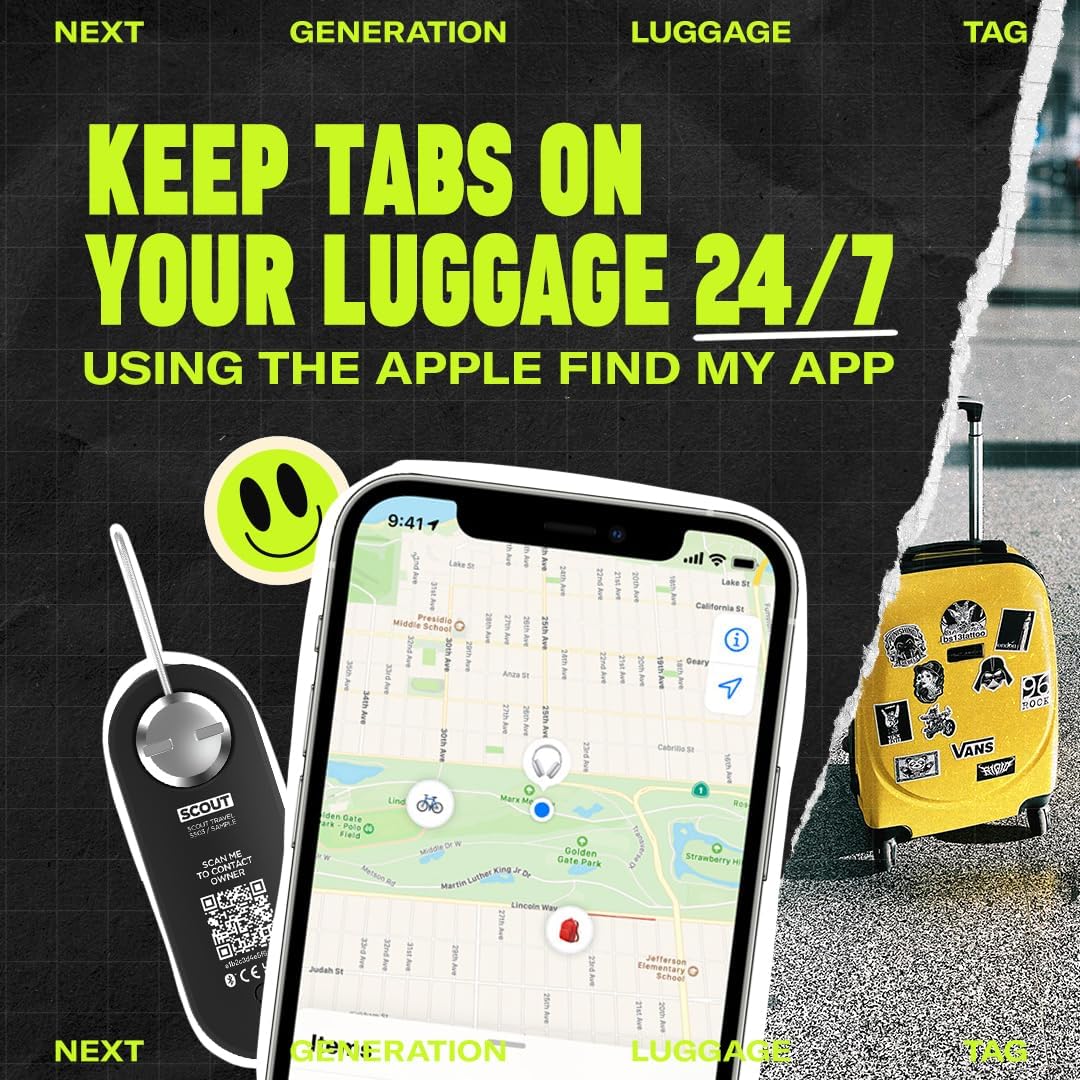 Knog Scout iOS Smart Tag, Tracker & 85d Alarm – Rechargeable Luggage Tag Compatible with iOS App & Apple Find My, Digital Contact Info, Remote Chime, Low Battery Alerts, Water-Resistant, Black