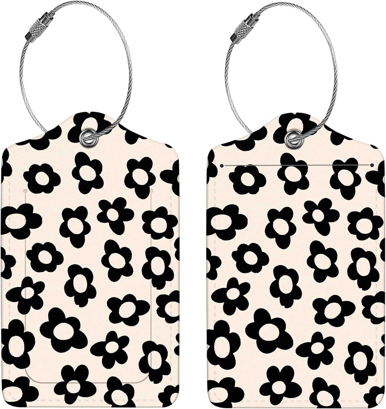 2 Pcs Luggage Tags for Suitcase, Cute Unique PU Leather Travel Bag Tag with Privacy Cover ID Label Address Card and Durable Metal Ring Suitable for Men Women Children Backpack,Black Flowers