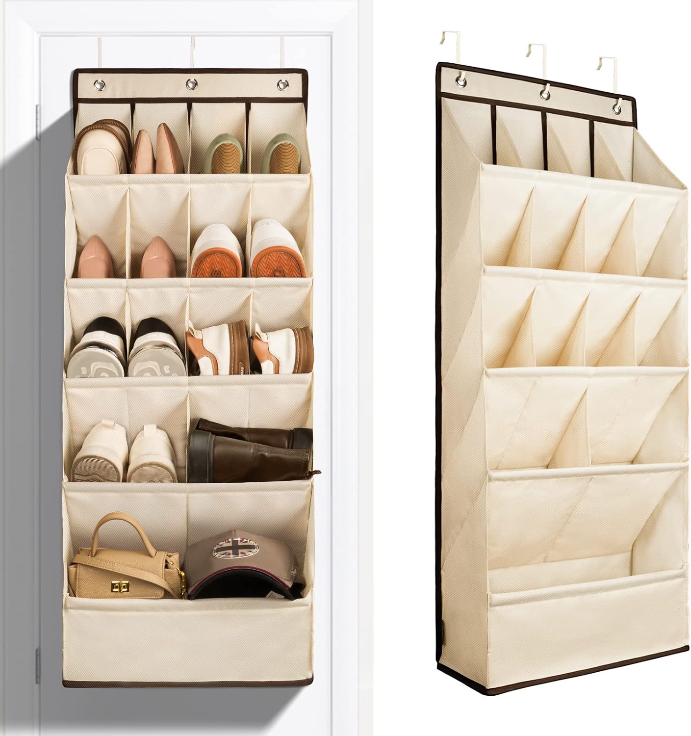FENTEC 1 Pack Over the Door Shoe Organizers, Hanging Shoe Organizer with Large Deep Pocket Shoe Holder for Closet Shoe Rack for Wall, Over Door Shoe Storage Hold up to 18 Pairs Shoe, Beige