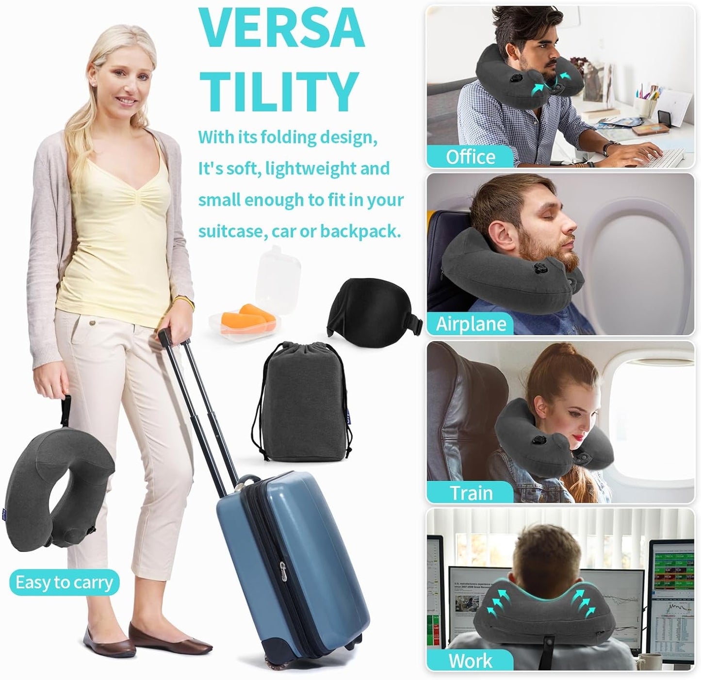 2 Pack Inflatable Travel Neck Pillows for Airplanes, Head Support Velvet Adult Neck Pillows for Long Flight, Kit with Eye Mask, Earplugs and Storage Bag, 2, Black