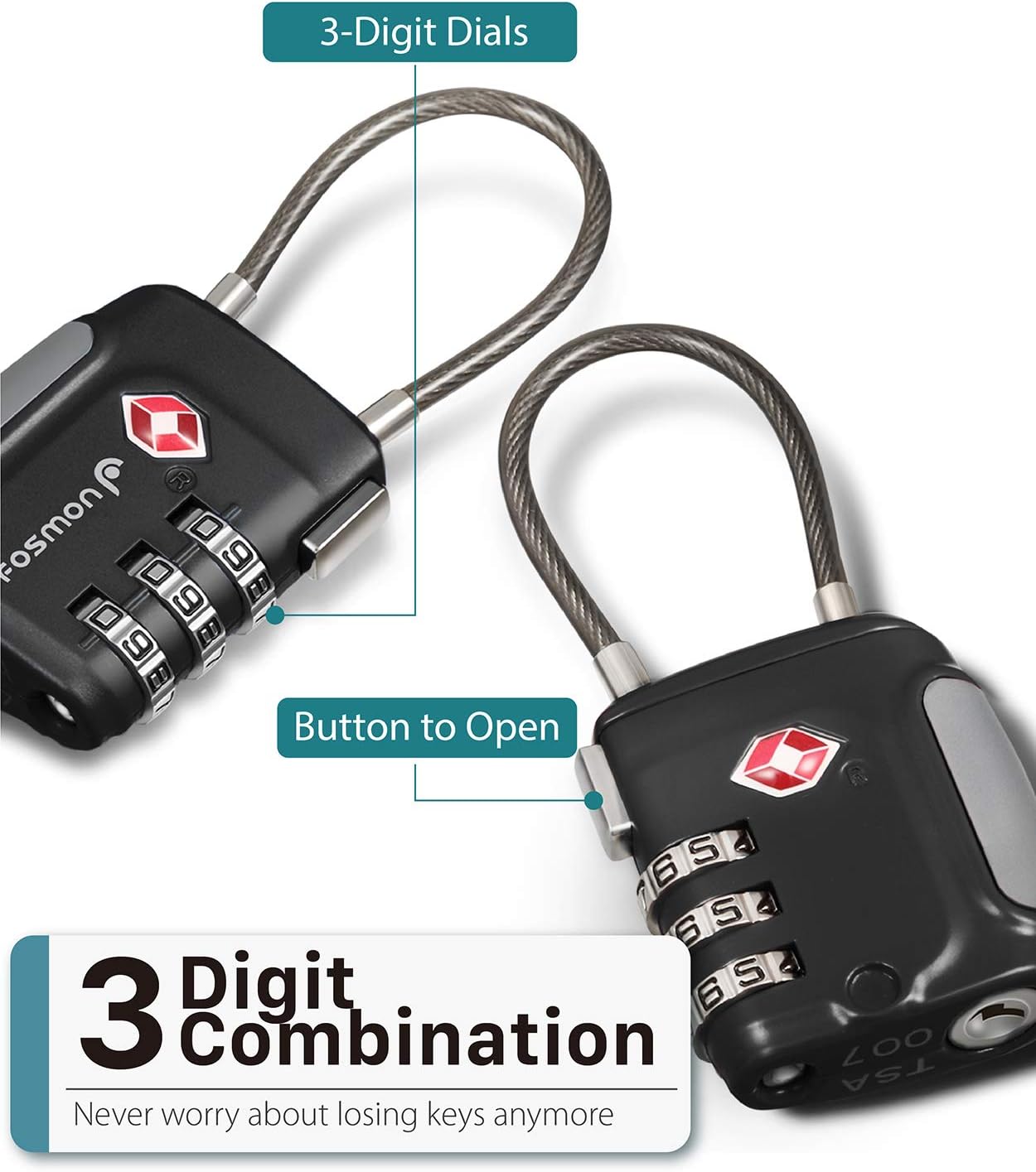 Fosmon TSA Approved Cable Locks for Luggage, Suitcase, Gun Case Lock with Push Release Button, 3 Digit Long Shackle Combination Wire Lock for Backpack