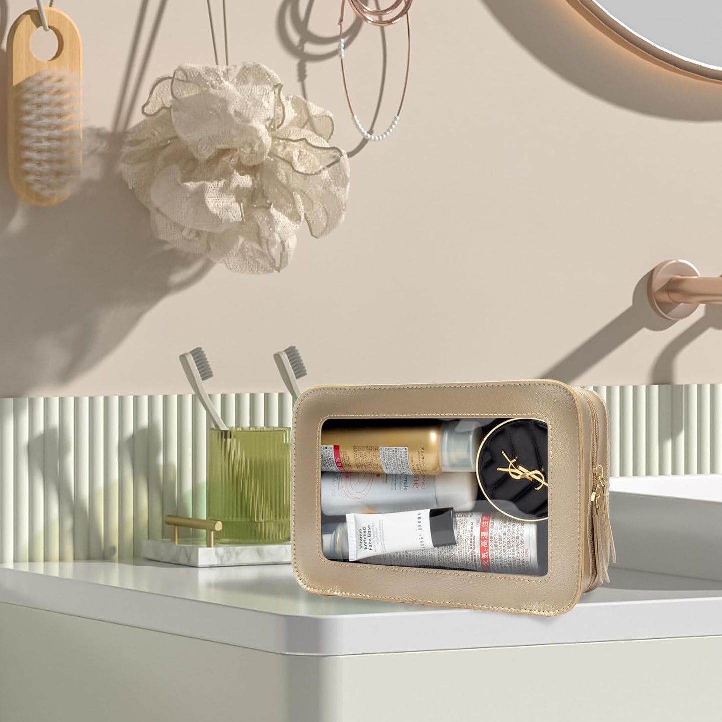 LETGO Clear Makeup Bags, TSA Approved Toiletry Bag with Zipper, Clear Makeup Organizer Fit Carry-on Travel Essentials,Clear Cosmetic Bags for Women Men (C-Gold)