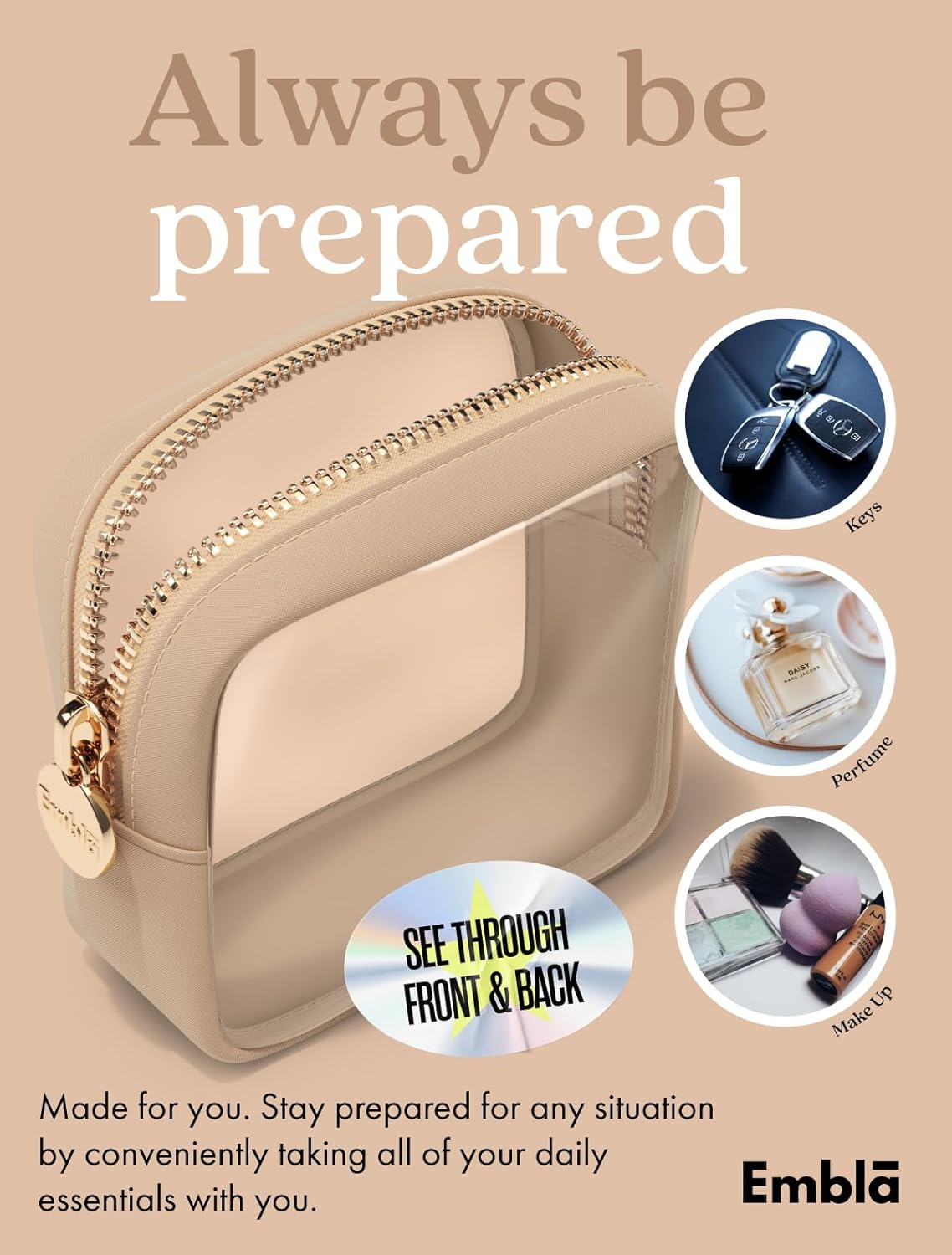 Clear Makeup Bag Zipper Pouch, Transparent Cosmetic Case Organizer, TSA Approved Travel Toiletry Case, Travel Accessories Essentials Makeup Tote for Women, Mini Cute Make up Bag for Purse - Sand