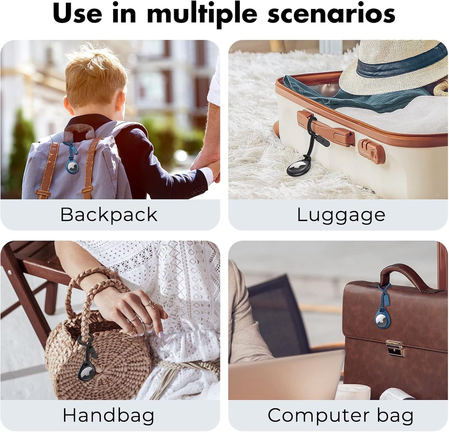 UNBREAKcable Holder for Apple AirTag with Strap- 4 Pack [Fit Tightly Design] [Easy to Install] [Hold Air Tag Securely] Waterproof TPU Shell Protective Case with Nylon Keychain Strap(Black&Blue)