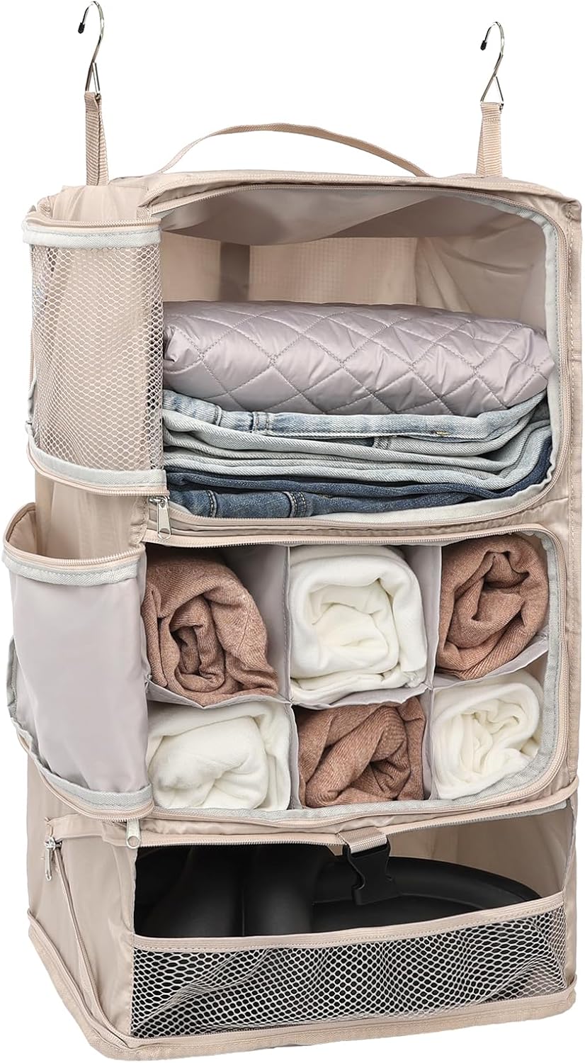 TABITORA Travel Portable Hanging Shelves Closet Organizer Packing Luggage Organizer and Storage with Multifunctional and Foldable Invisible Compartment,Lightweight, for Suitcase, RV,Closet…Beige,XL