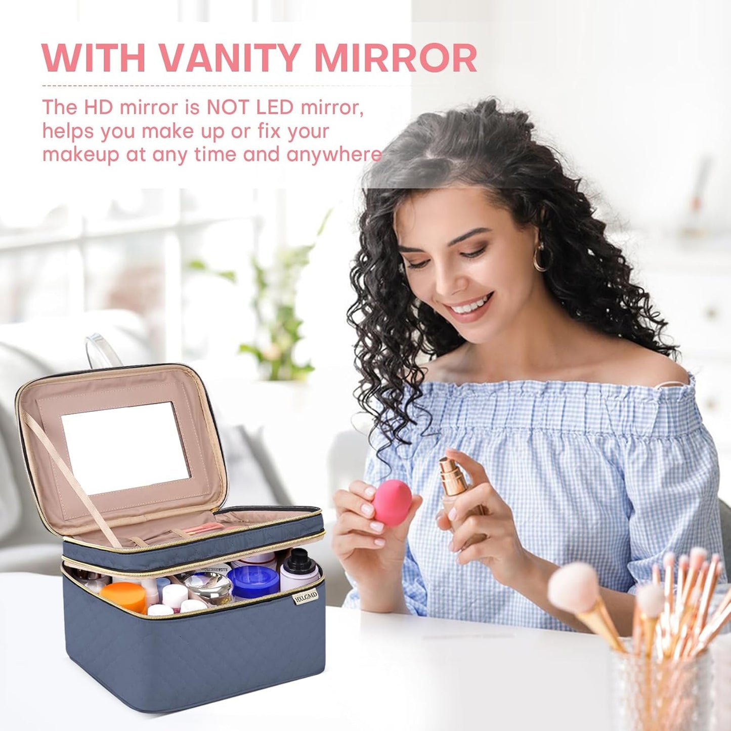 Large Makeup Bag with Mirror Double Layer Travel Make Up Organizer Case, Large Capacity Coemetic with Brush Slot Divider, Travel Toiletry Bag for Women (Aegean Blue)