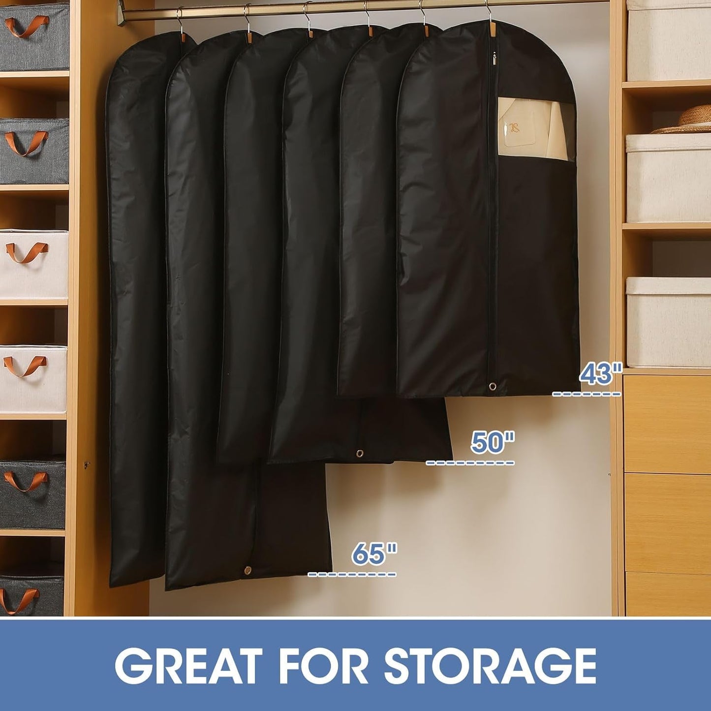 Suit Bags for Closet Storage, 43'' Garment Bags for Hanging Clothes, Suit Garment Bag, Black Suit Cover Bags with Clear Window for Coats, Jackets, Shirts（2 Packs）