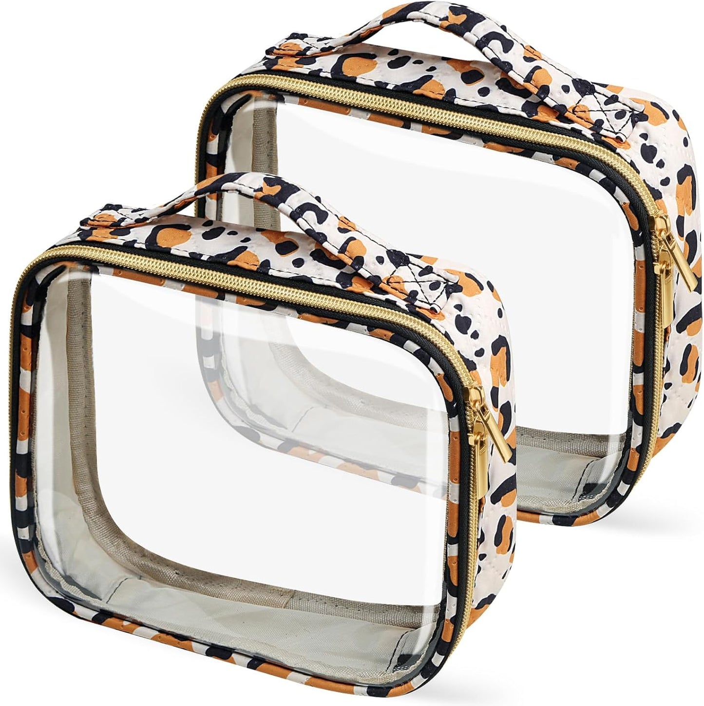 Travel Toiletry Bag,2 Pack Clear Makeup Bags with Handles,180°Opening Clear Cosmetic Bags for Traveling Women,Men,Travel Essentials,Leopard