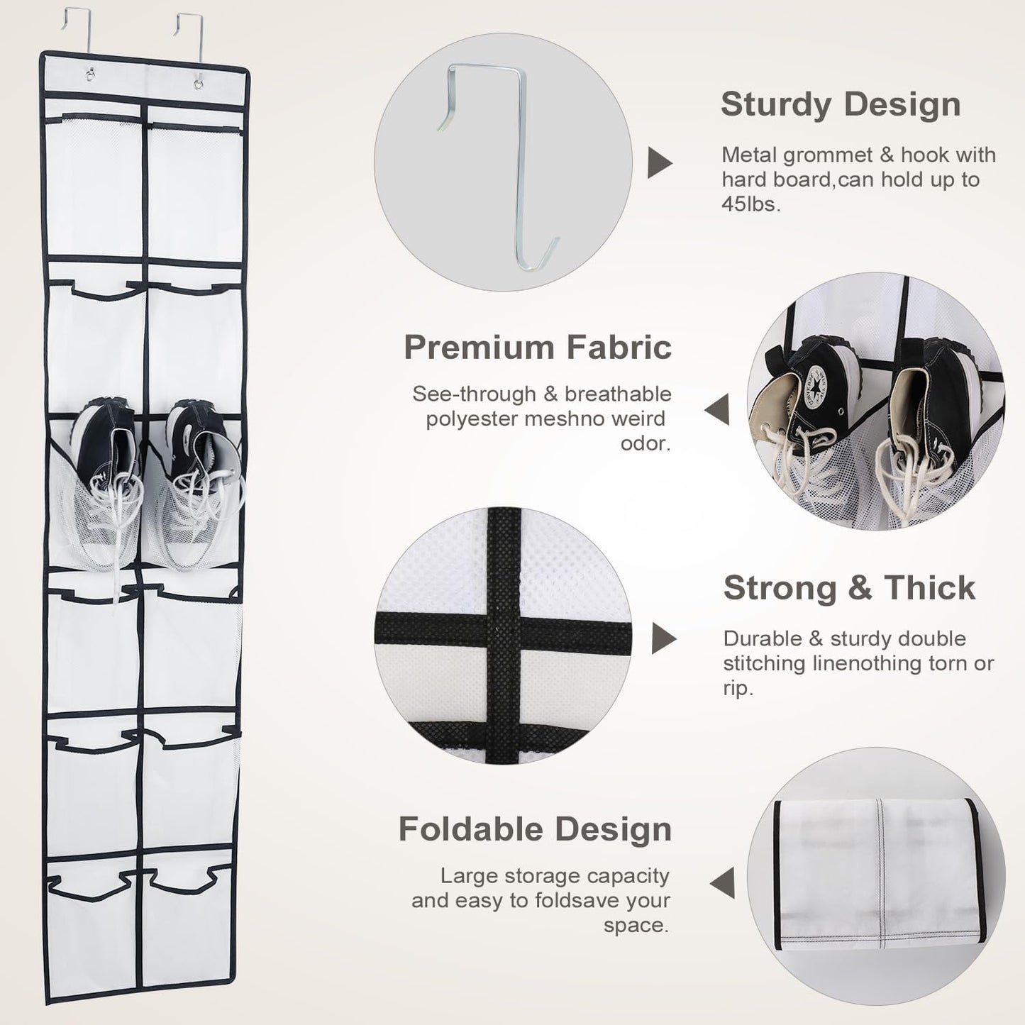 12 Large Pockets Over The Door Hanging Shoe Organizer, White