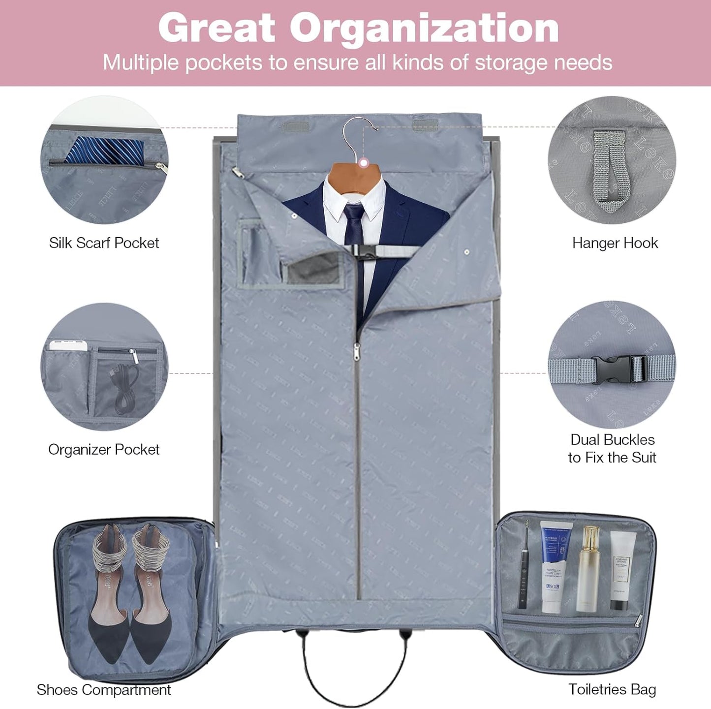 Garment Bags with Wheels, Garment Convertible Weekender Bags, Large Garment Bags for Travel, Duffle Luggage Bag Garment Bag (Pink, Medium)