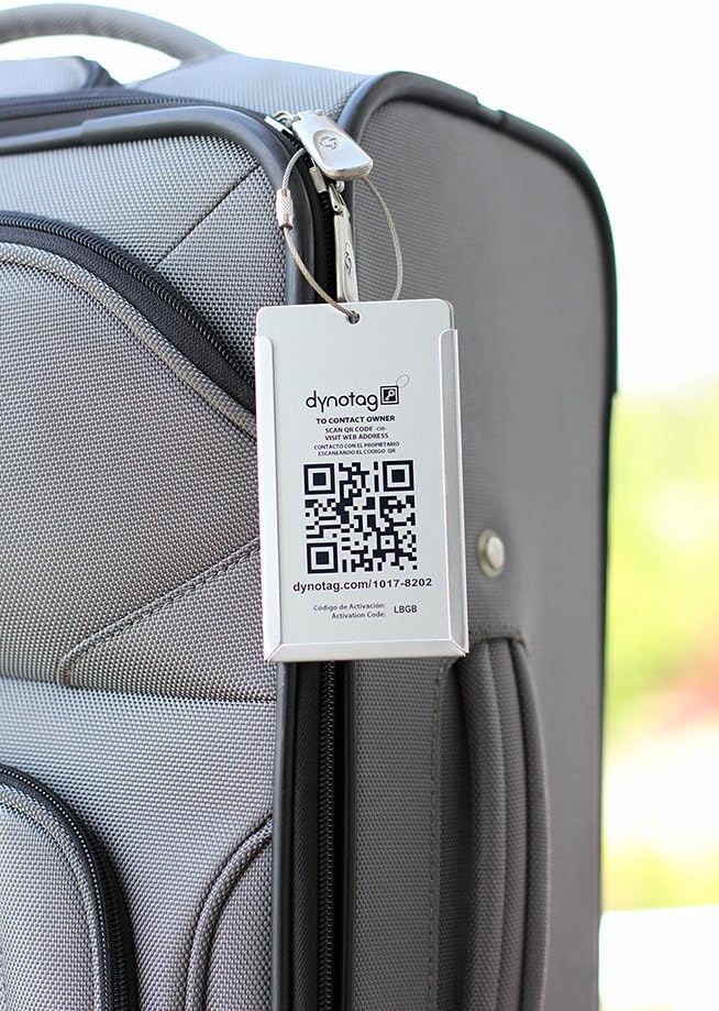 Dynotag® Web Enabled Smart Aluminum Convertible Luggage ID Tag + Braided Steel Loop, with DynoIQ™ & Lifetime Recovery Service (Cool Silver)