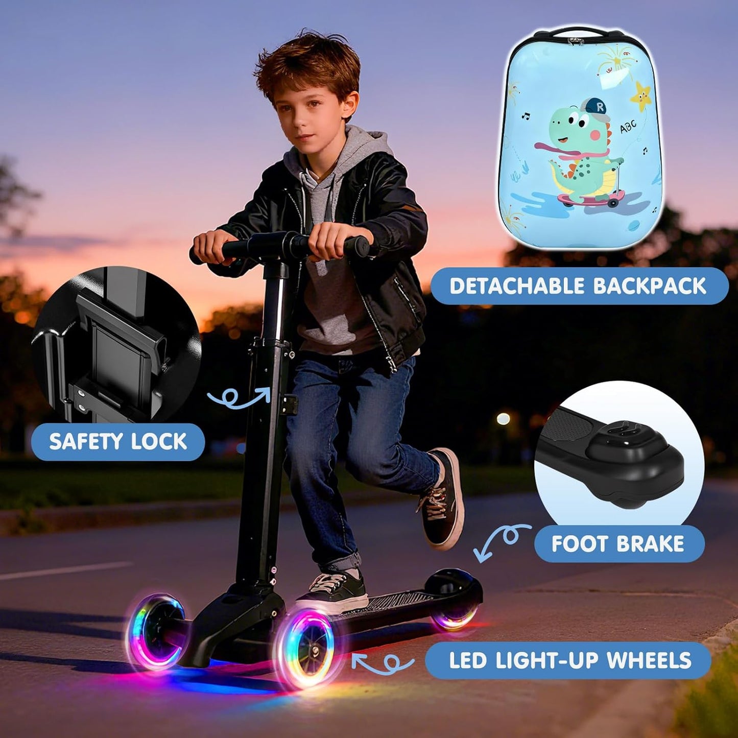 4-in-1 Detachable Scooter Luggage for Kids & Teens – Hardside Ride-On Suitcase with Led Light Up Wheels, Dinosaur Design, Lightweight Foldable, Perfect Travel Gift for Boys(Light Blue 22-inch)