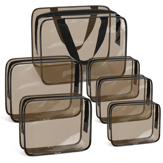 APREUTY Clear Makeup Bags, TSA Approved 6 Pcs Cosmetic Makeup Bags Set Clear PVC with Zipper Handle Portable Travel Luggage Pouch Airport Airline Vacation Organization (Black Brown)