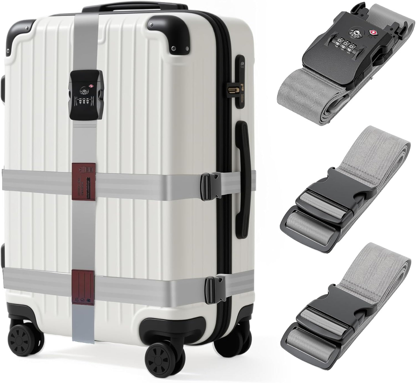 Luggage Straps with TSA Lock, Adjustable Heavy Duty Grey Luggage Straps for Suitcase with Reinforced Buckles, Cross Luggage Strap TSA Approved Combination Locks with Name Tags for Travel & Trip