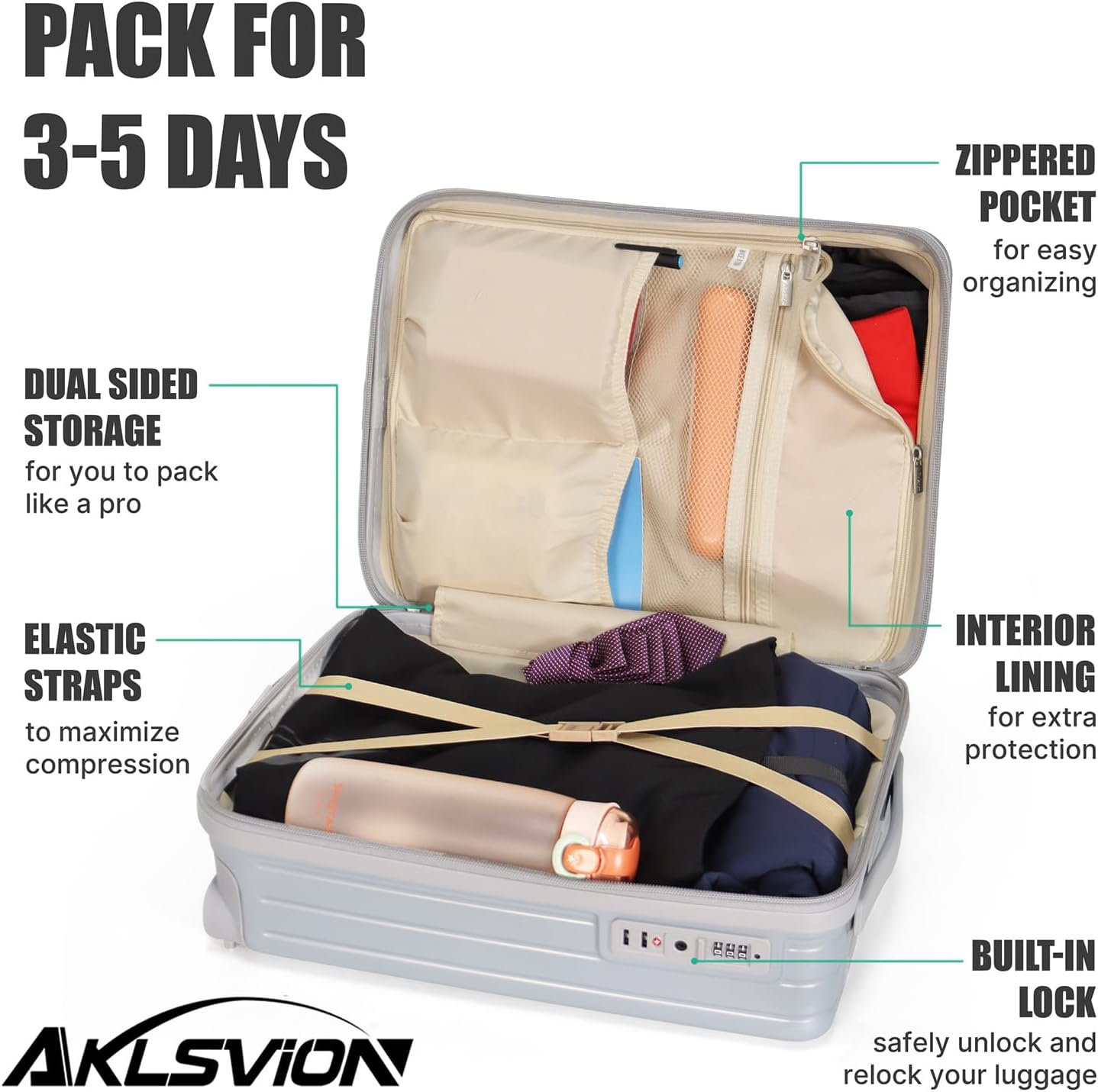 18-inch Carry-on Boarding Luggage: Equipped with Movable Wheels, TSA Approved,Under the Seat, Hard Shell Construction, Lightweight Bag with Essential Accessories (Pearl Silver)