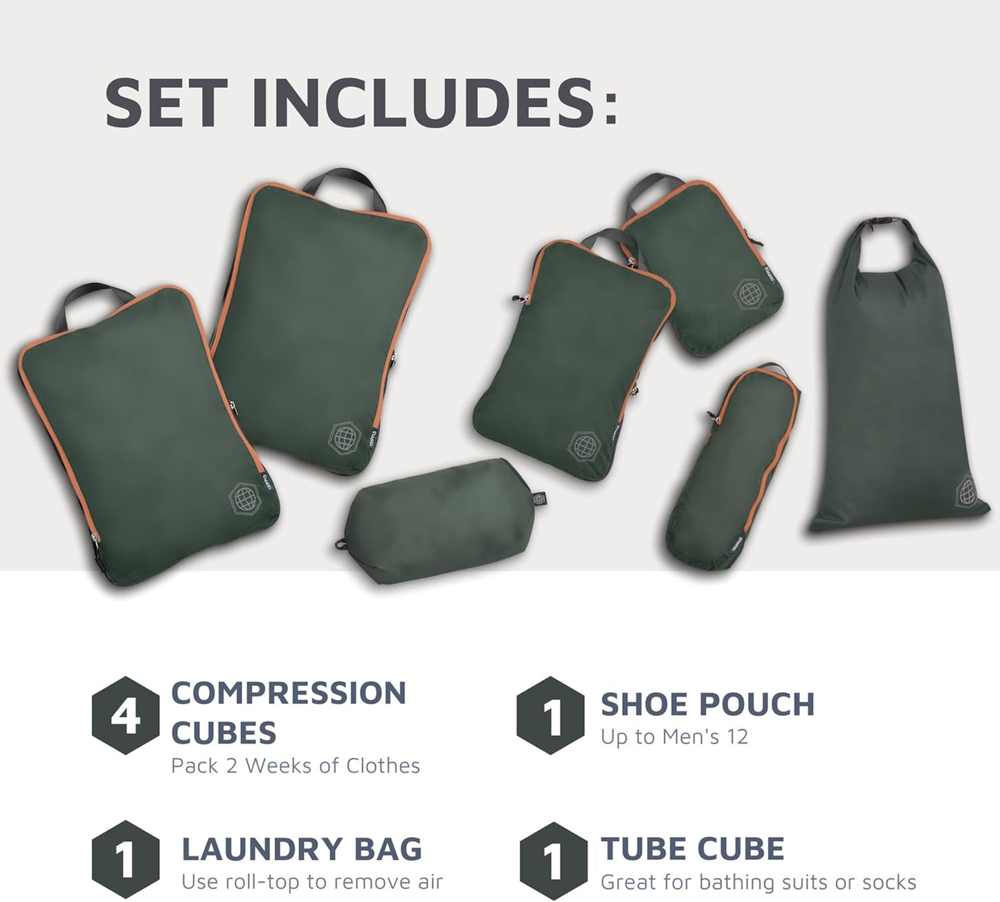 Large Compression Packing Cubes for Travel-Packing Cube Luggage Organizers 7 Piece Set for Checked Luggage-Ultralight, Expandable/Compression Bags by TRIPPED Travel Gear (Green and Brown)