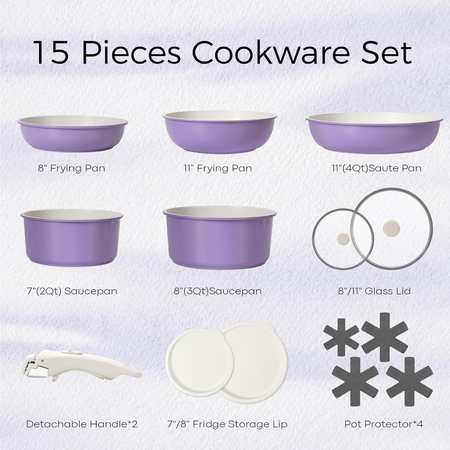 15Pcs Pots and Pans Set Non Stick, Cookware Sets with Detachable Handle, Nonstick RV Kitchen Cooking Tools Removable Handles, Oven Safe, Induction Fast, Stackable Induction Cookware, Purple