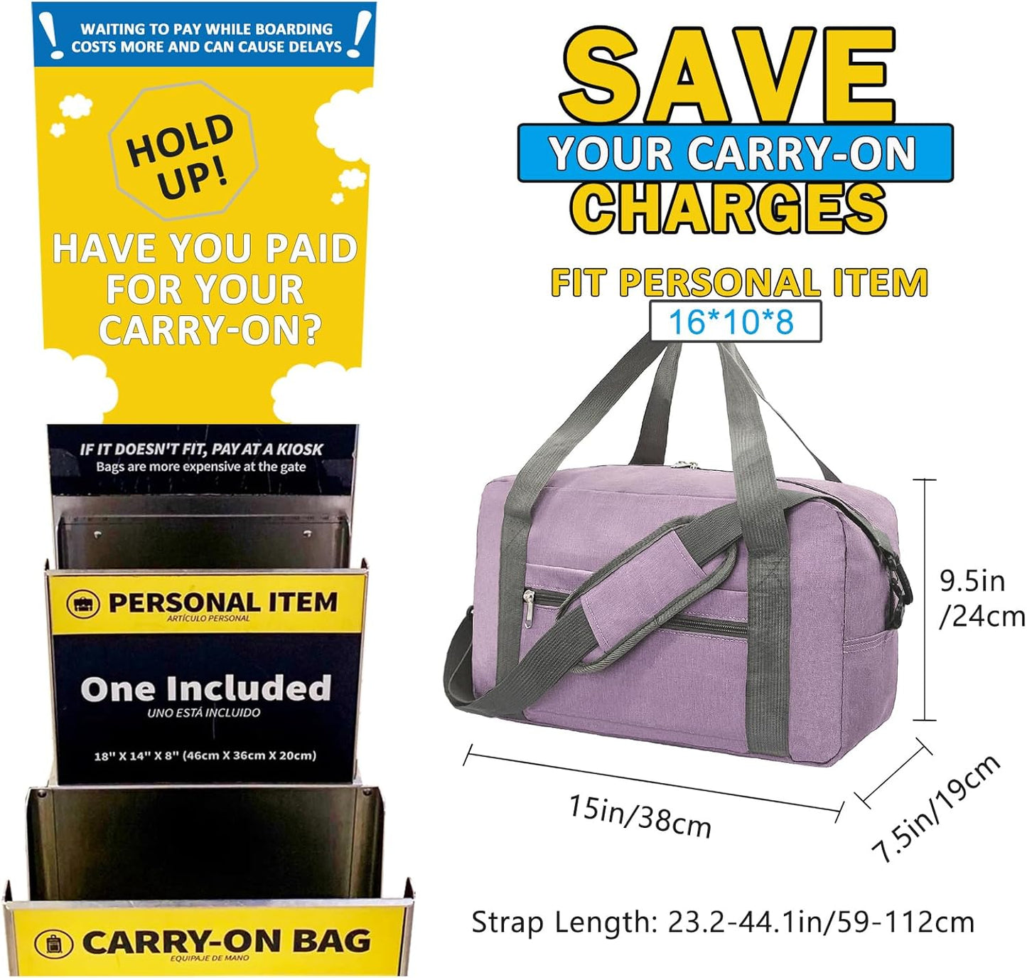 15 Inch Small Carry On Bags for Airplanes Spirit Airlines Personal Item Bag Underseat Foldable Travel Duffle Gym Bags for Women Men(20L,Purple)