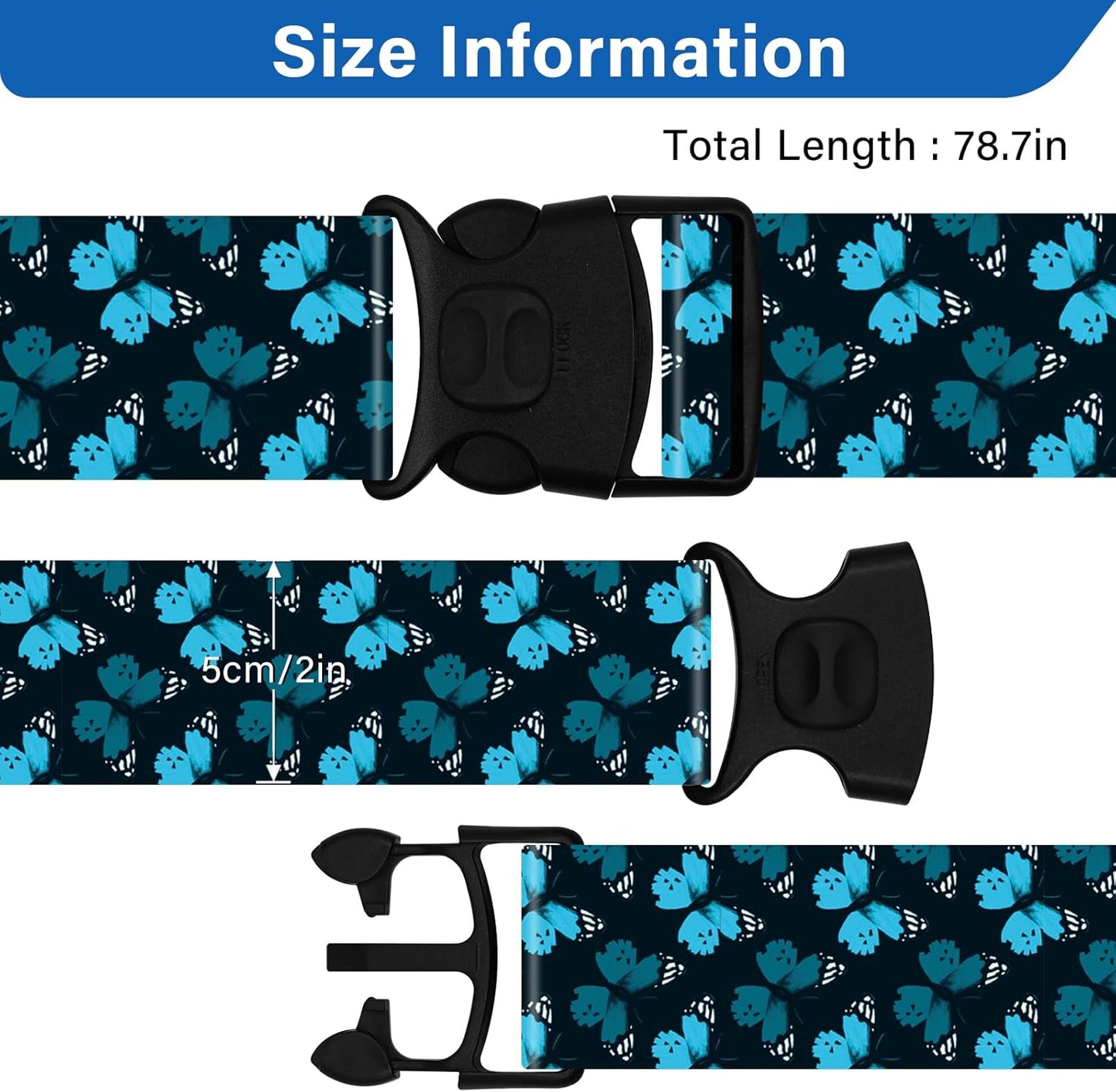 2 Pack Luggage Straps for Suitcases, Adjustable Travel Belt with Double Lock and Quick Release Buckle, Heavy Duty Nylon Bag Packing Strap, Unique Identifiers Travel Accessories-Blue Butterfly