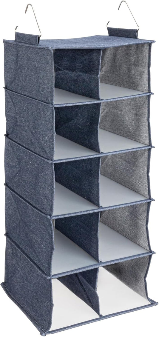 Household Essentials Hanging Cotton Blend and Plastic Closet Shoe Organizer with 10 Storage Compartments, Denim