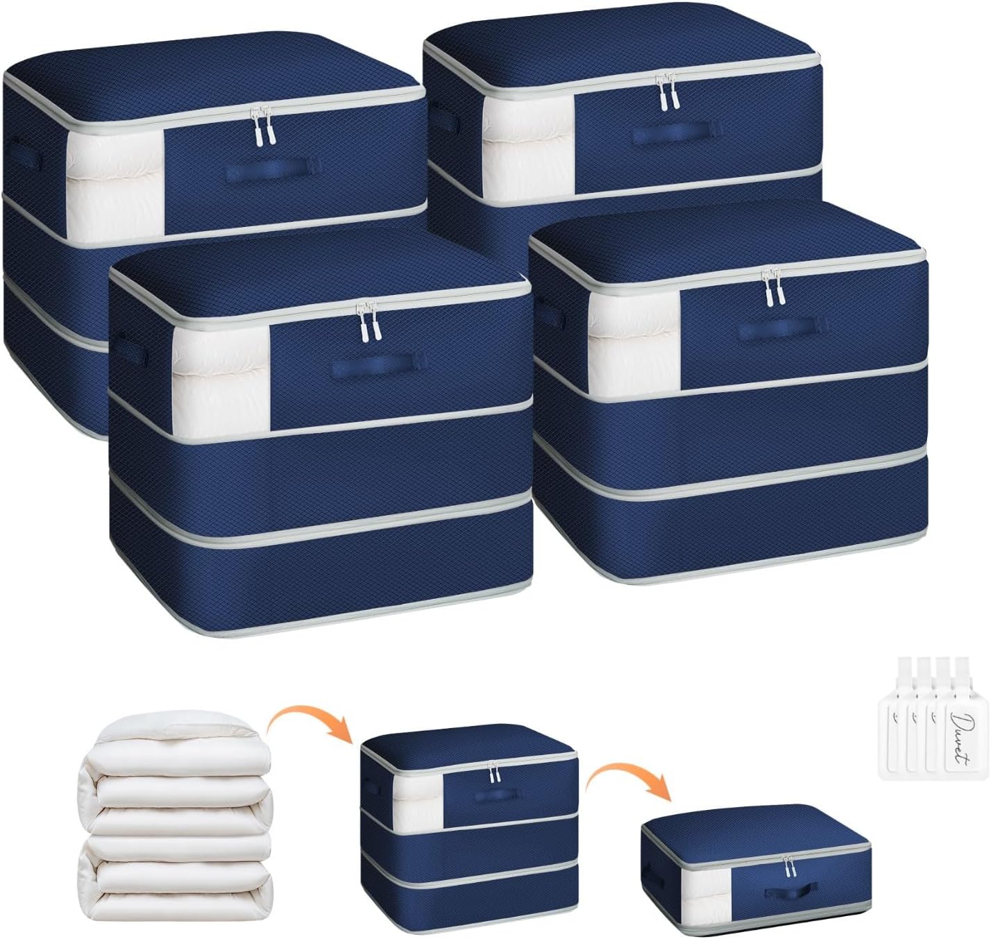 4 Pack Compression Storage Bags - 110L Large Capacity Comforter Storage Bag, 3-Layer Washable Ultra Space Saving Self Compression Organizer Space Bags for Blanket, Sweater, Sheet, Navy Blue