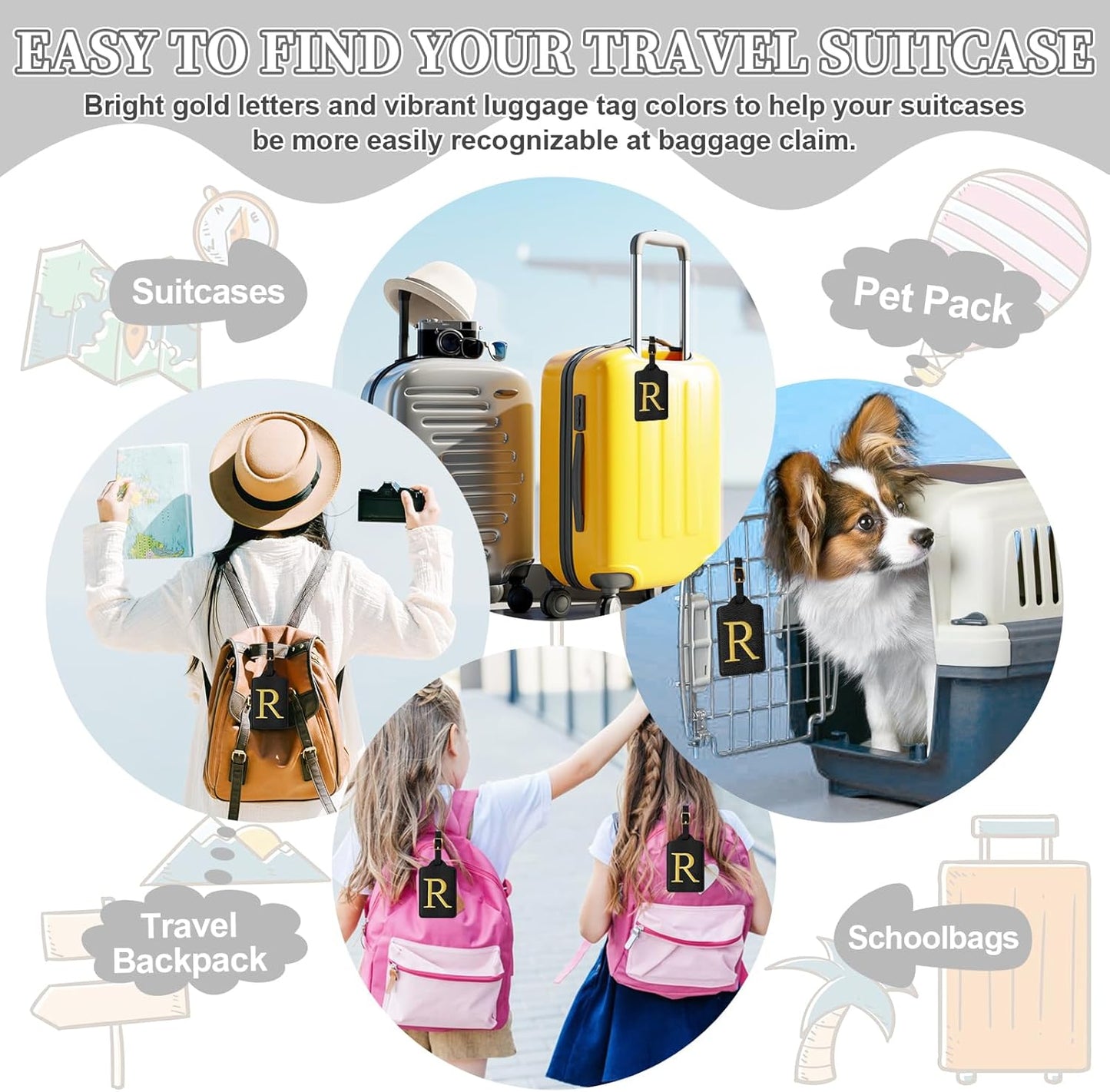 Personalized Initial Luggage Tags for Suitcase TSA Approved, Black Leather Cute Luggage Tag with Privacy Cover Name Card, Embroidered Custom Luggage Tags Travel Backpack Tags Gifts for Women Kids(R)