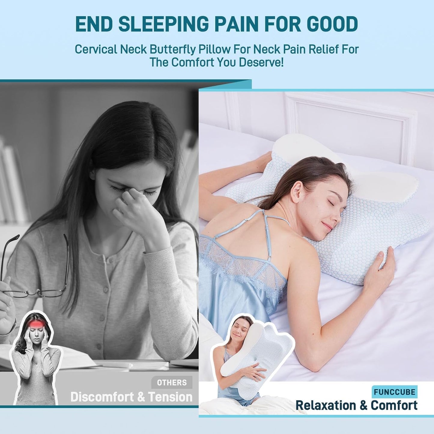 Cervical Neck Pillow - Memory Foam Pillow for Pain Relief Sleeping, Ergonomic Neck Support Contour Pillows for Side Back Stomach Sleepers,Orthopedic Breathable Pillowcase (Blue White)