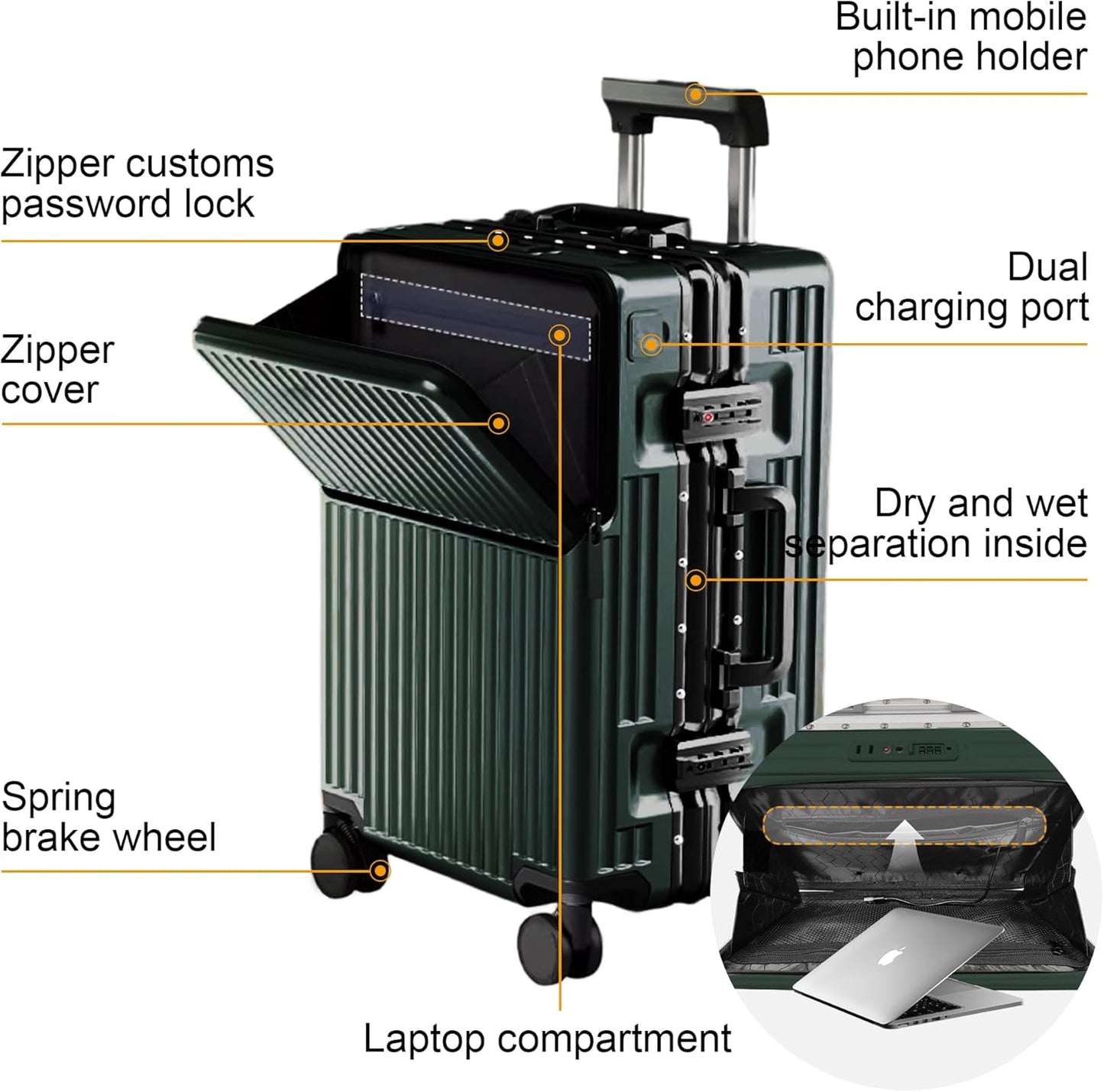 2-Piece Hardshell Zipperless Luggage Set, 20/26" Aluminum Frame Hardshell Spinner Luggage, Airline Approved Carry-On Luggage, TSA Lock, 360° Quiet Wheels With Cup Holder (green)