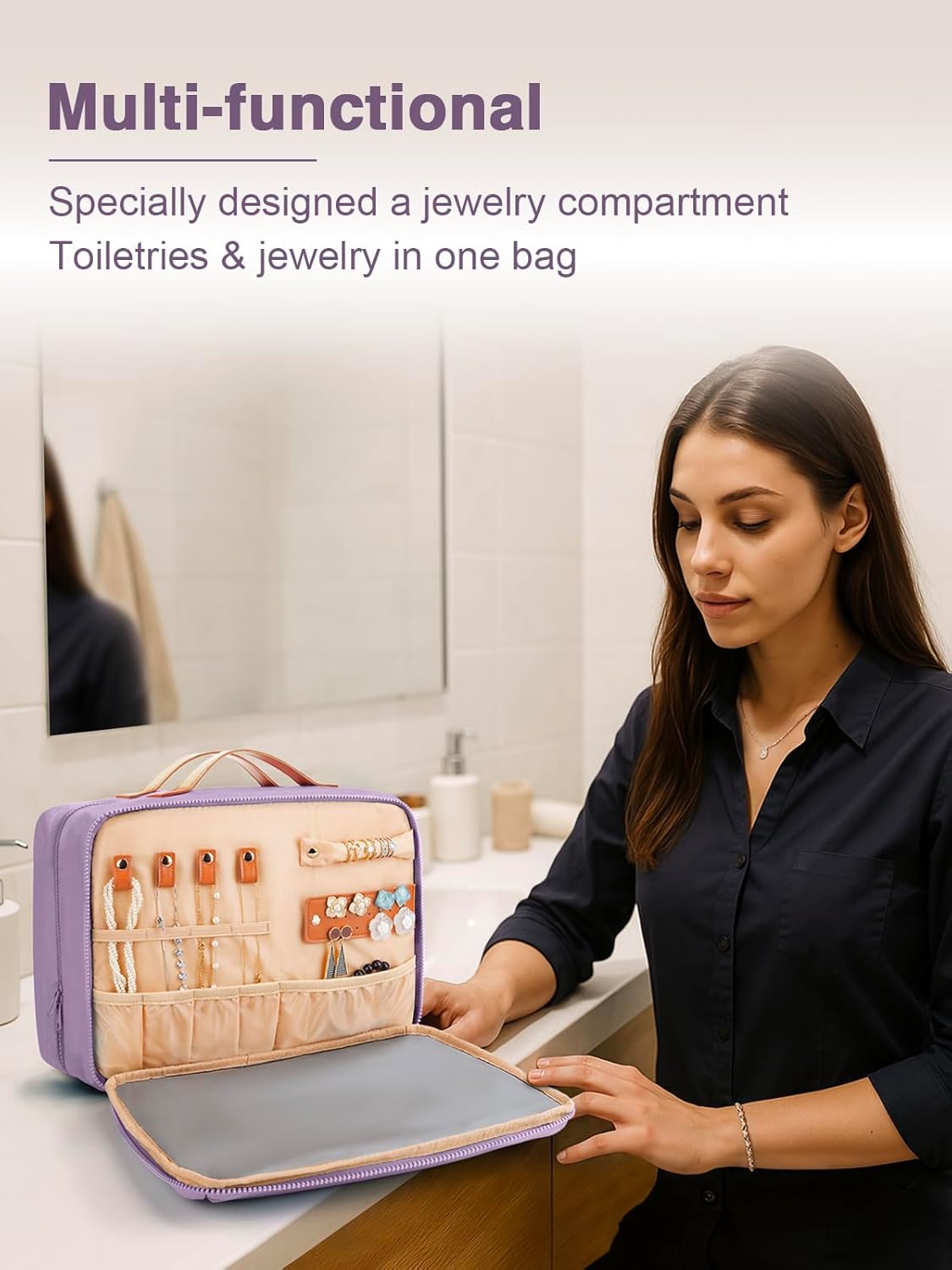 Women's Hanging Toiletry Bag, Waterproof Travel Cosmetic Organizer with Jewelry Storage, Large Capacity Makeup Case for Full-Size Skincare & Bathroom Essentials, Portable Cosmetic kit, Purple