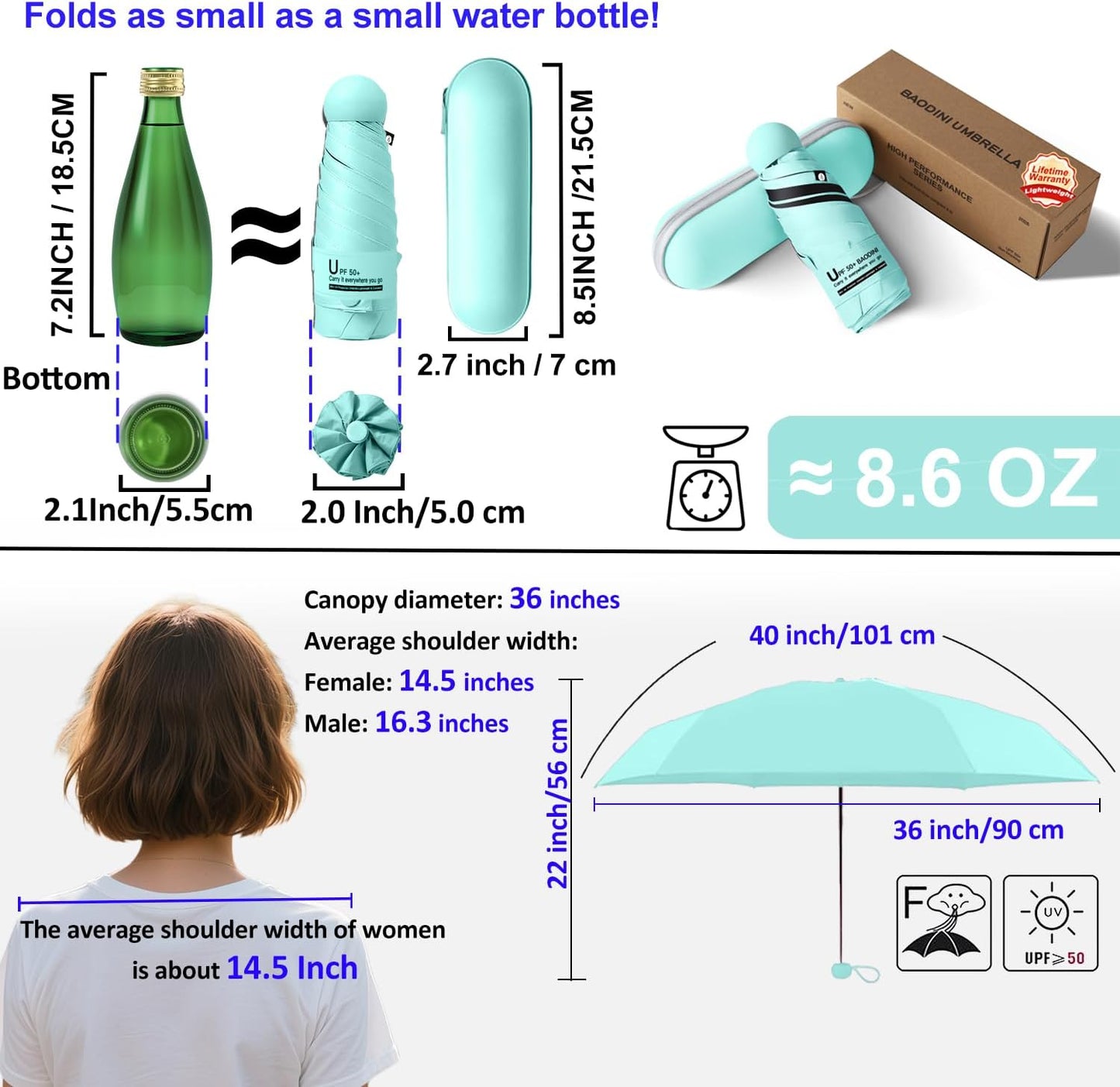 BAODINI Travel Mini Umbrella for Purse With Case Small Compact UV Sun Protection Sun Lightweight Tiny Pocket Umbrella for Women Girls and Men