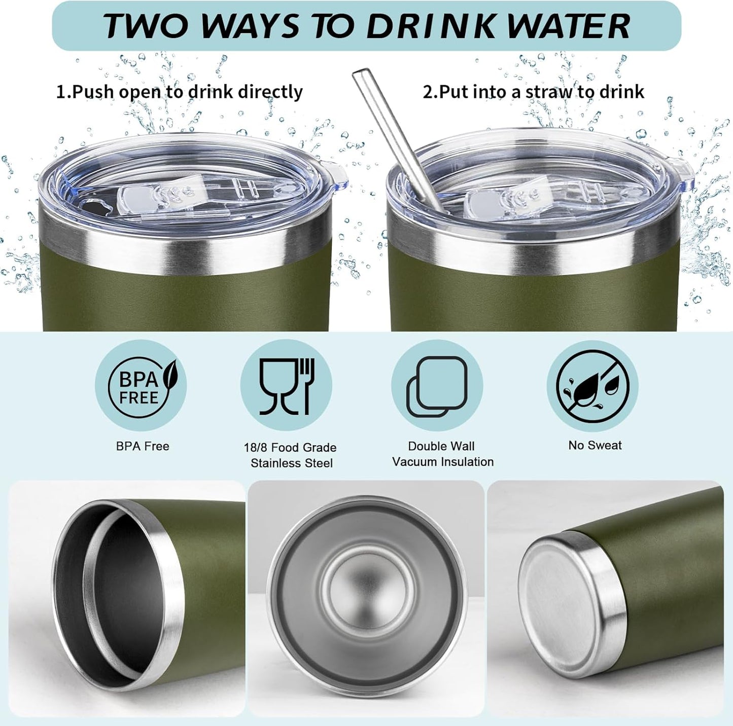 20oz Tumbler with Straw and Brush, Stainless Steel Vacuum Insulated tumbler, Double Wall Insulated Coffee Tumbler for Outdoor, Home, Travel,Office (Army Green,4pcs)