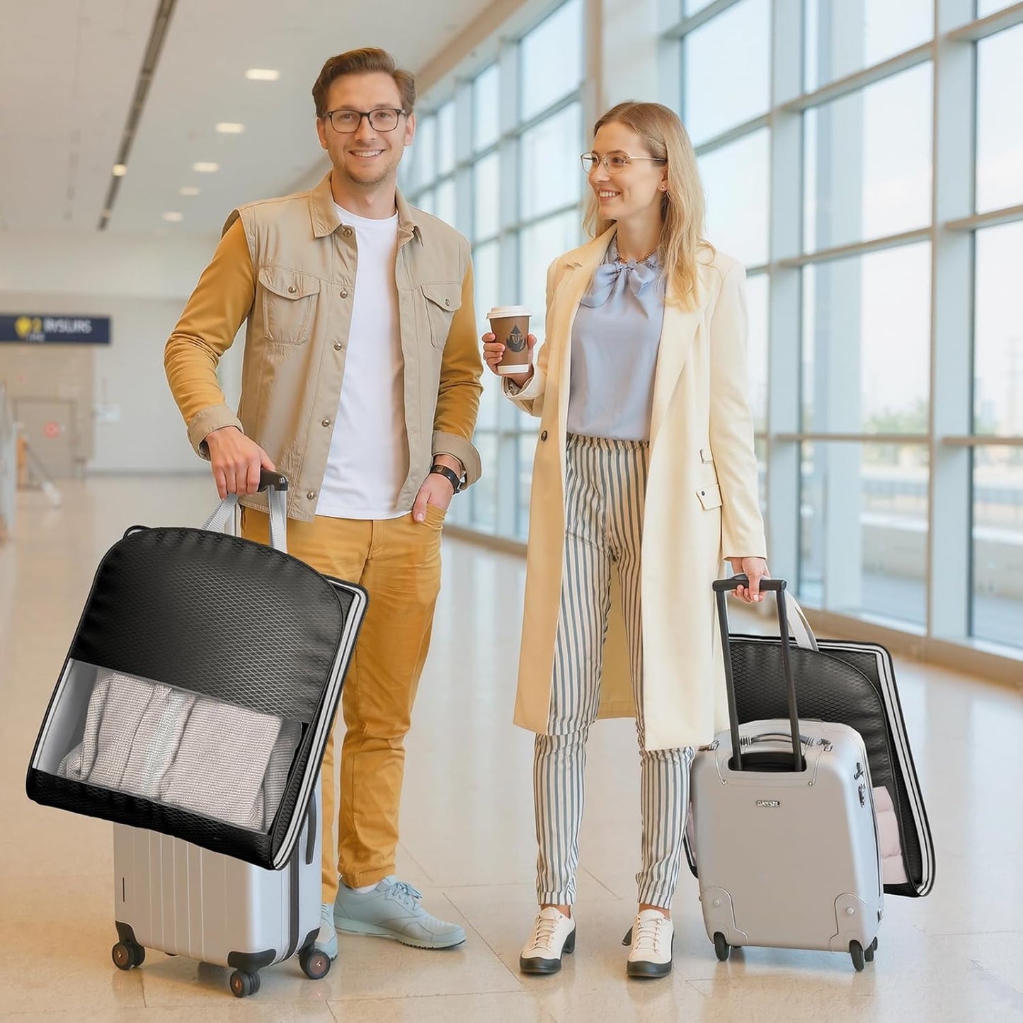 DIMJ 4 Pack 54" Garment Bags for Hanging Clothes - Space Saving Compression Suit Bag Travel with Handles Window, Washable Carry Clothing Storage Cover for Dress, Coats, Down Jacket, Shirts