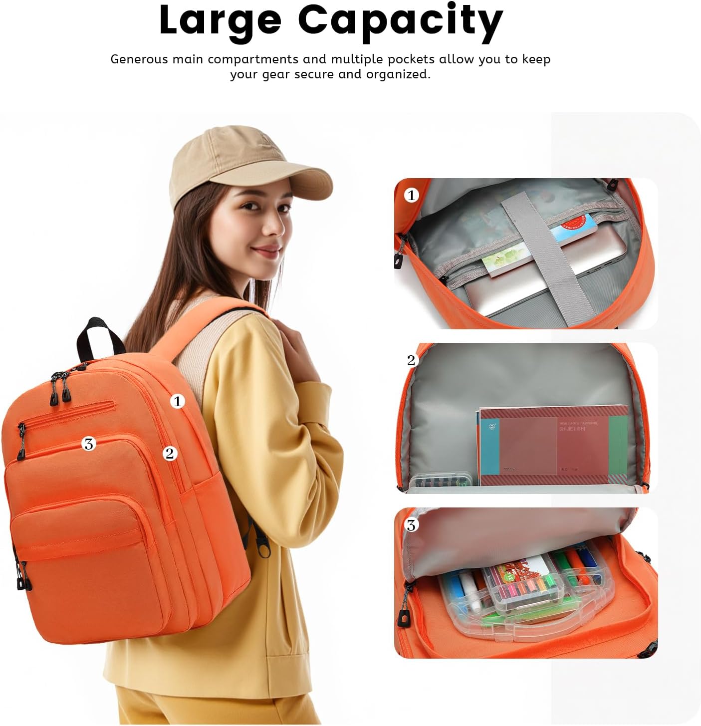 Lanola Basic Multi-Pocket Multipurpose Backpack Classical Water Resistant Student Bookbag For School Business Travel or Casual Daypack Backpacks For Men Or Women - Orange