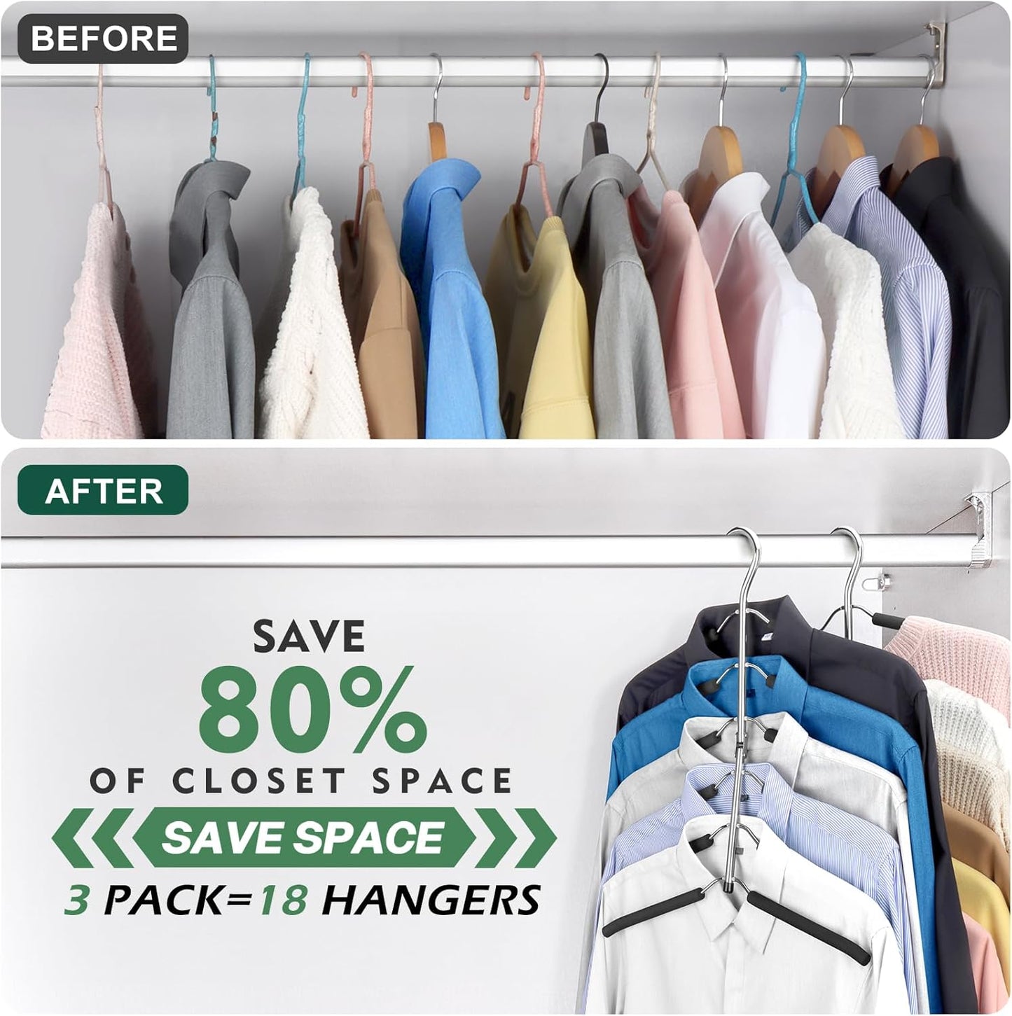 DOIOWN Clothes Hangers Space Saving: 6 Tier Coat Hanger Space Saving Hangers Non Slip Foam Padded Hanger, 3 Pack Black Metal Sweater T Shirt Hangers for Men Women, Closet Organizers and Storage