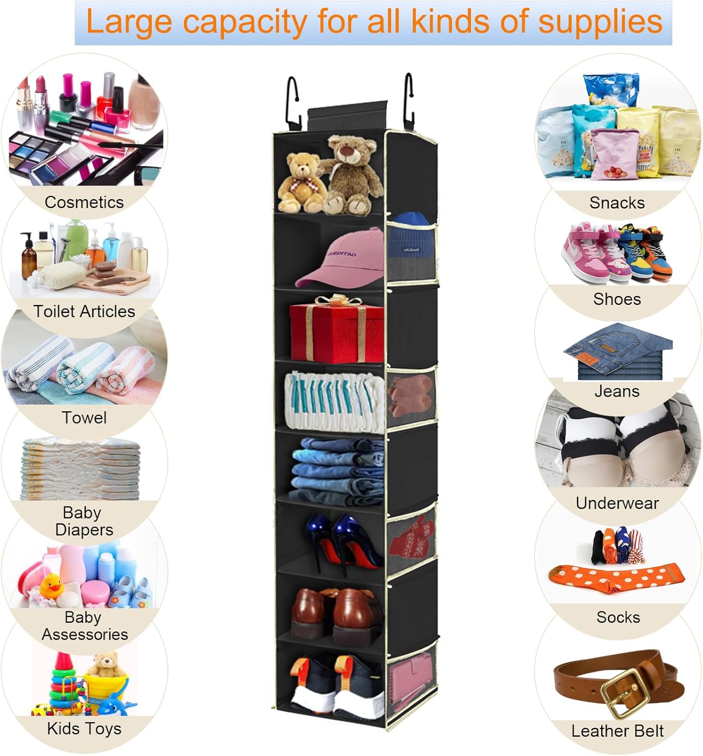 Large-Sized Hanging Shoe Organizer 8-Shelf, Hanging Closet Organizer with 8 Side Pockets, Wider Hanging Shelves for Storage Shoes Clothes 9" W × 11.8" D× 48" H, Black.