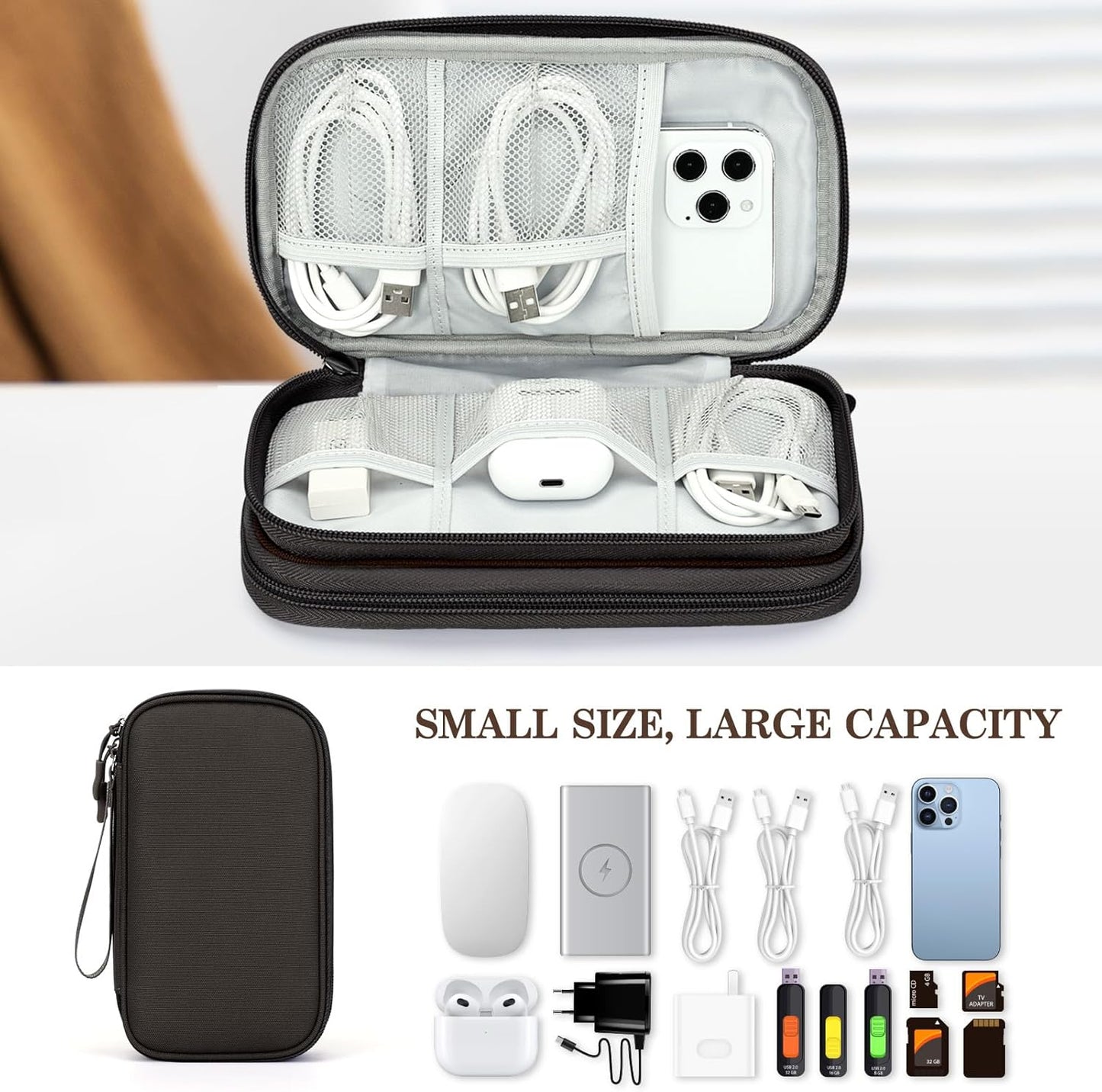 FYY Electronic Organizer, Travel Cable Organizer Bag Pouch Electronic Accessories Carry Case Portable Waterproof Double Layers Storage Bag for Cable, Charger, Phone, Earphone, Medium Size- Coffee