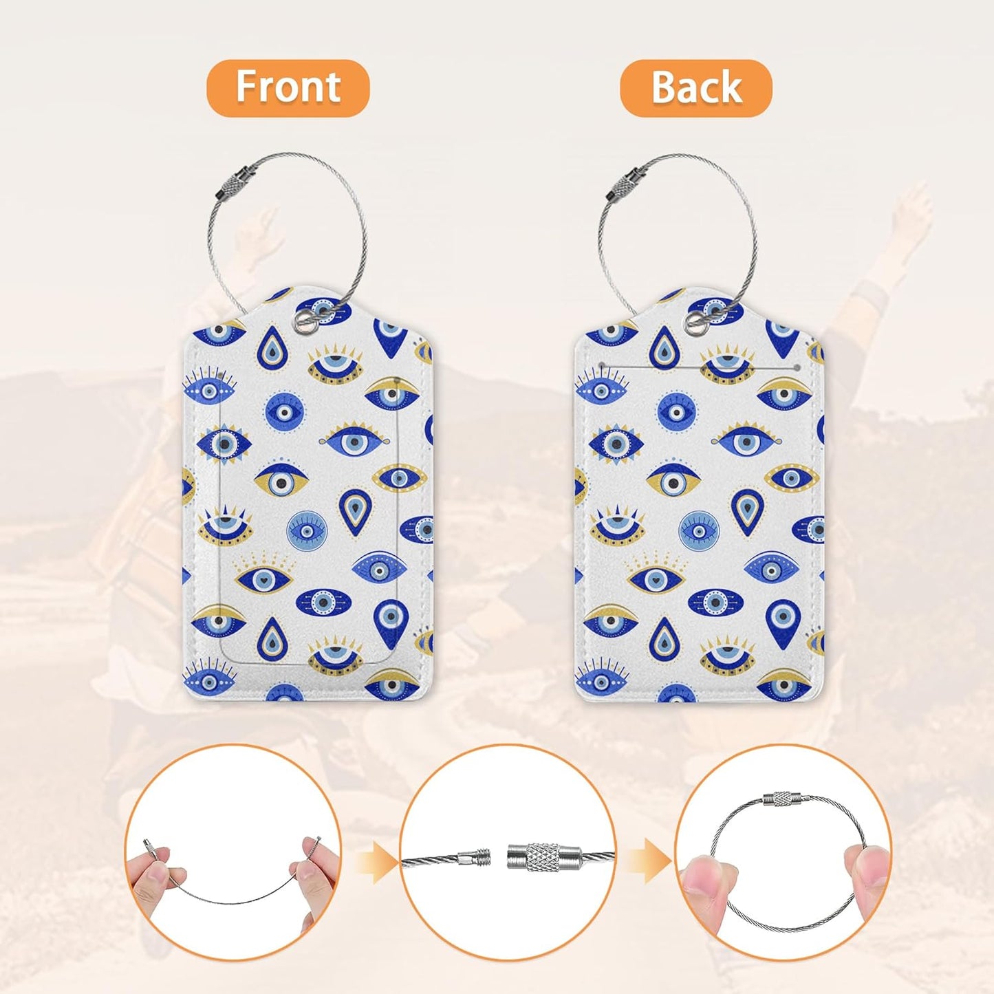 Blue Evil Eyes Hamsa Hand Luggage Tags for Suitcase,Luggage Tag with Stainless Steel Loop Privacy Cover Id Label Travel Bag Luggage Identifiers for Women Men Travel,Set of 2