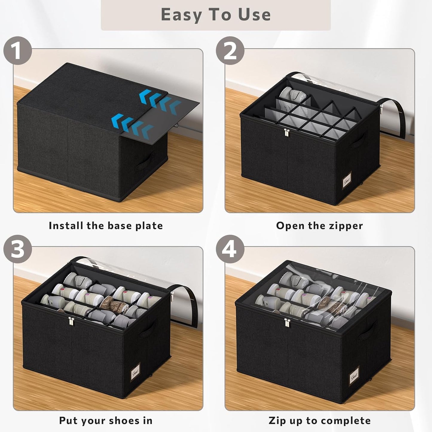 Shoe Organizer for Closet, 2 Pack Sturdy Shoe Storage Bins with Clear Cover, Fits 16-32 Pairs, Foldable Shoe Storage Box with Reinforced Handles (Black, 19.7 * 15.7 * 12.6in)