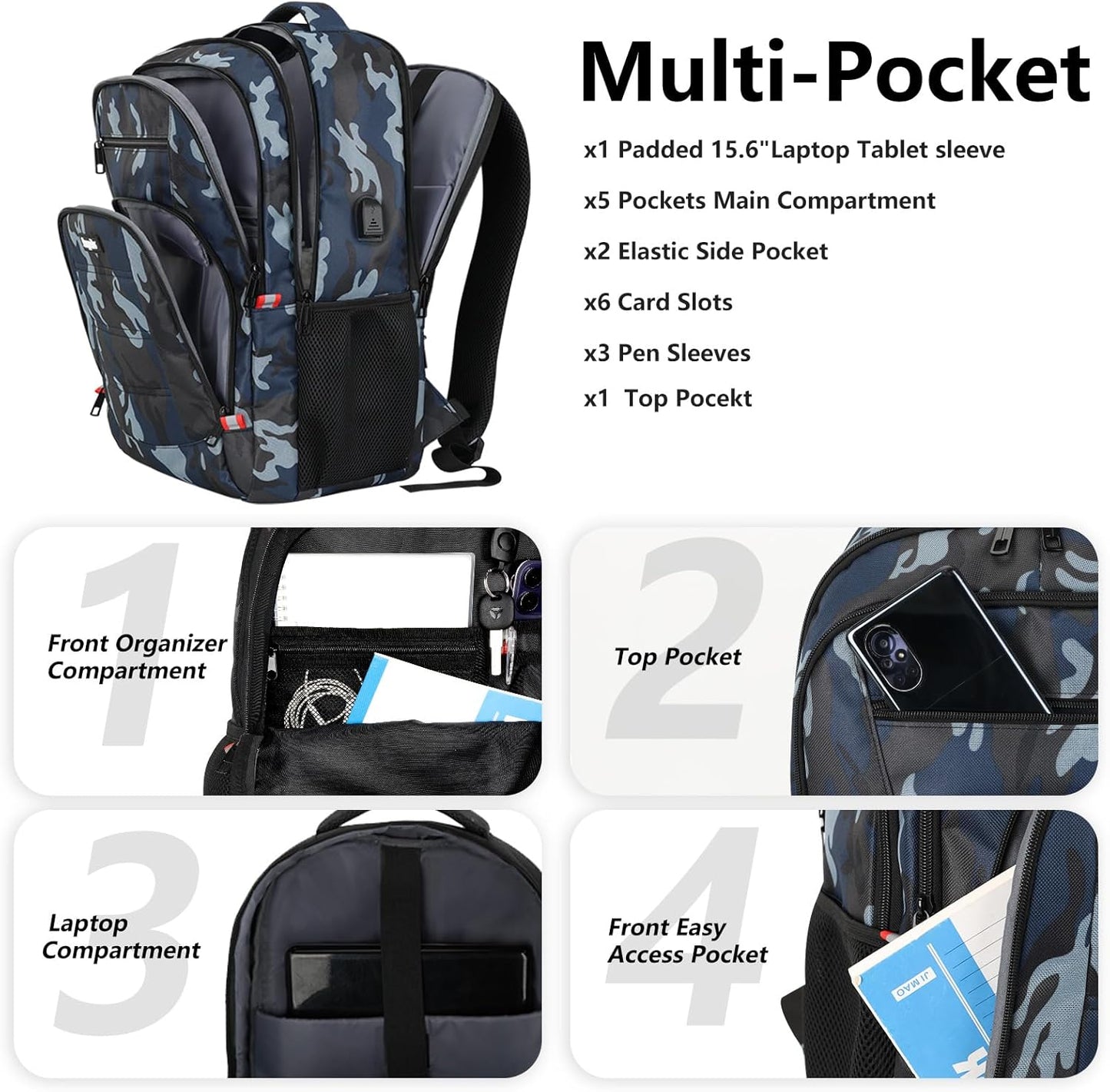 Laptop Backpack for Men,School Backpack with USB Charging Port,Water Resistant Backpack for teens boys,Business Work College bookbag,book bag Fits 15.6 Inch,Blue Back Pack