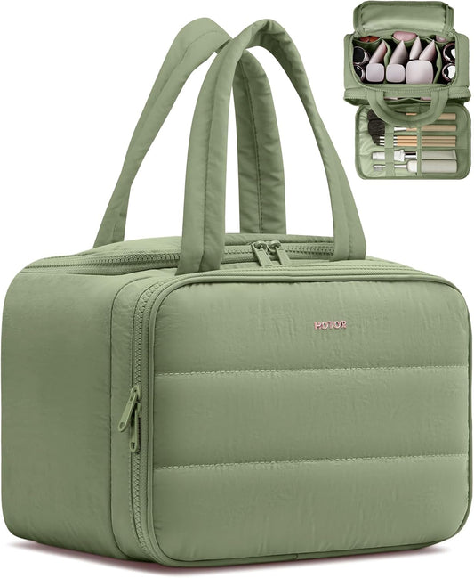 HOTOR Travel Toiletry Bag - Wide-Open Toiletry Bag for Women, Multi-Pocket Makeup Bag for Travel Essentials, Wet & Dry Separation Travel Accessories for Business Trip, Gym, 11.5"×5.9"×8.4", Green