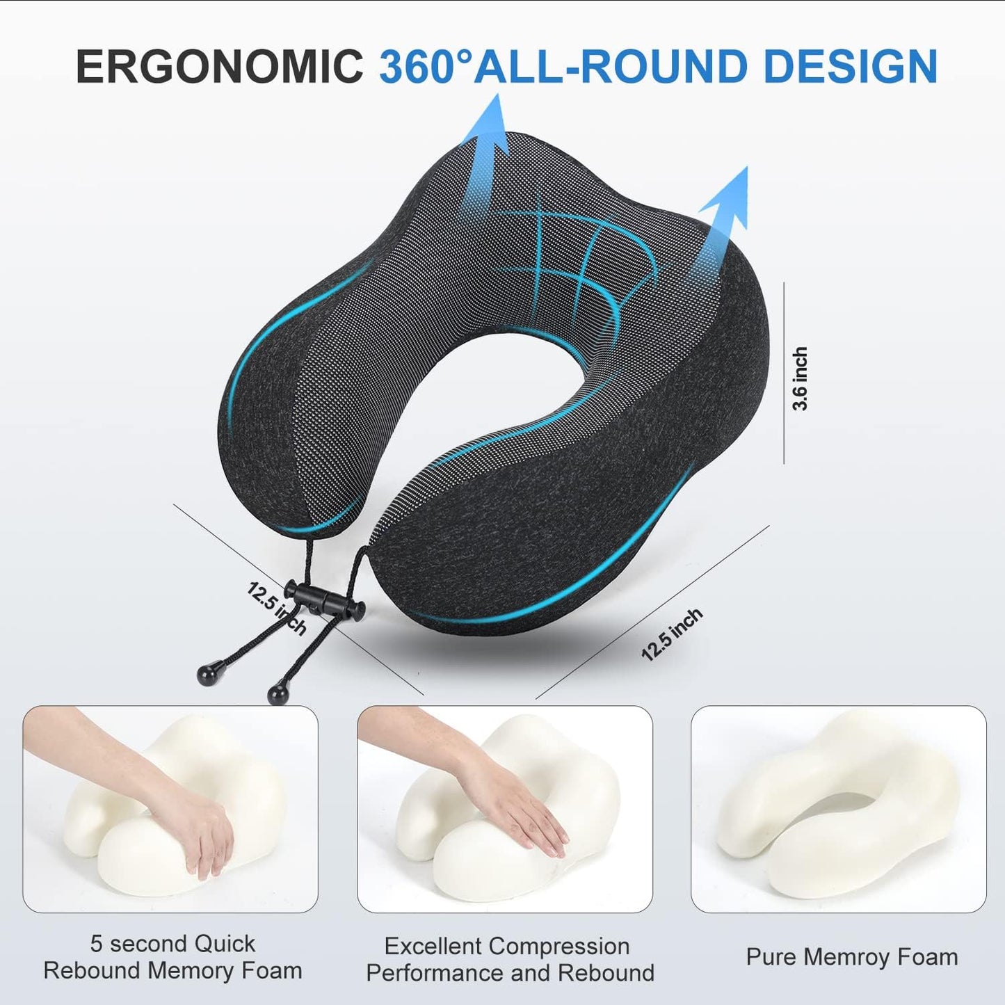 Travel Pillow, Best Memory Foam Neck Pillow Head Support Soft Pillow for Sleeping Rest, Airplane Car & Home Use (Black-E)