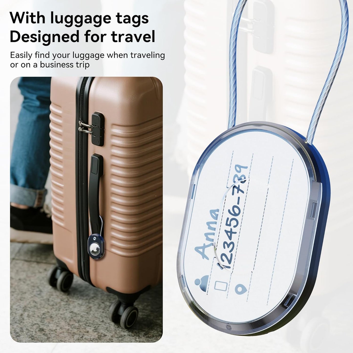 DDJ 2-Pack Luggage Tag Case for Apple Air Tracker Tag & Moto Tag with Wire Cable Lock, Waterproof，Anti-Lost Air Tags Holder with Name ID Cards for Travel, Luggage, Keys, Backpacks, Dog, Pets, Bags