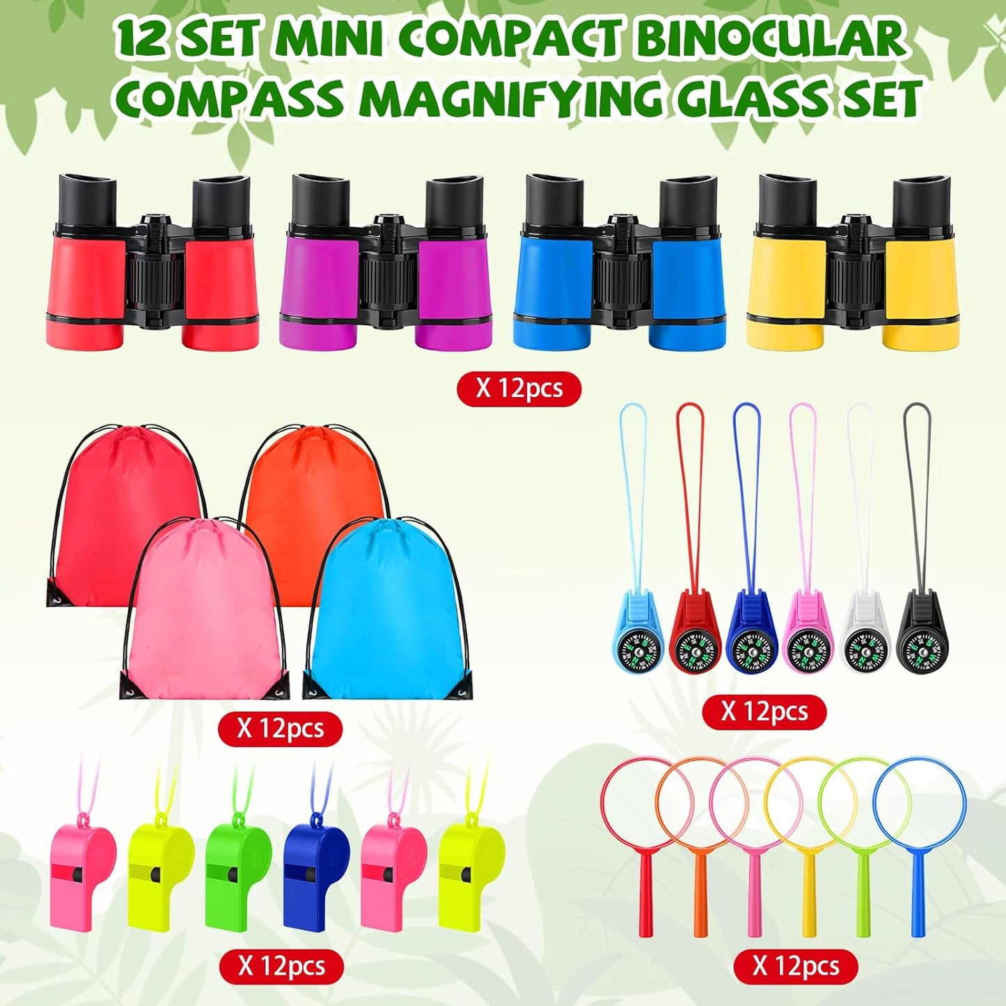 12 Set Binocular Compass Magnifying Glass Set Christmas Birthday Gift Small Telescope Binocular with Whistle Bag for Outdoor Exploring Stocking Stuffer(Multiple Color,Classic)