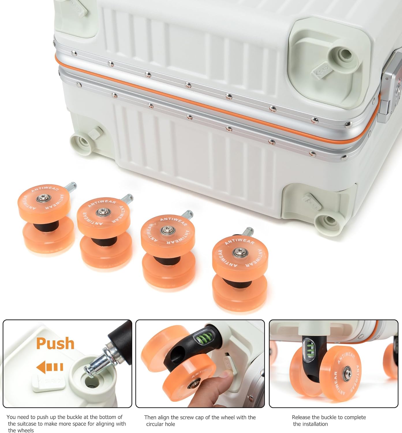 feilario 24" Aluminum Frame Wide Handle Hard Shell Carry On Suitcase - Vivid Colors Double Spinner Wheels Airline Approved Rolling Luggage with TSA Lock & Cup Holder (White, 24in)