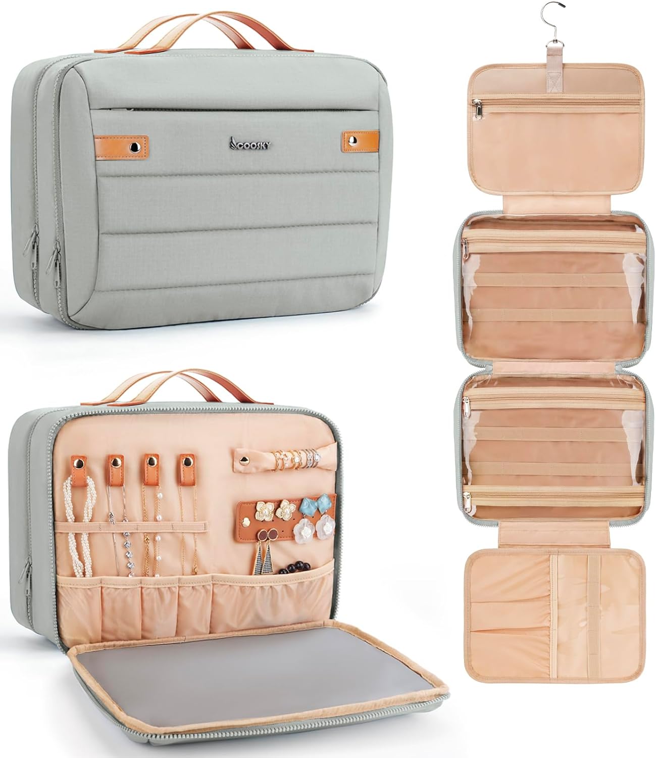 Women's Hanging Toiletry Bag, Waterproof Travel Cosmetic Organizer with Jewelry Storage, Large Capacity Makeup Case for Full-Size Skincare & Bathroom Essentials, Portable Cosmetic kit, Grey